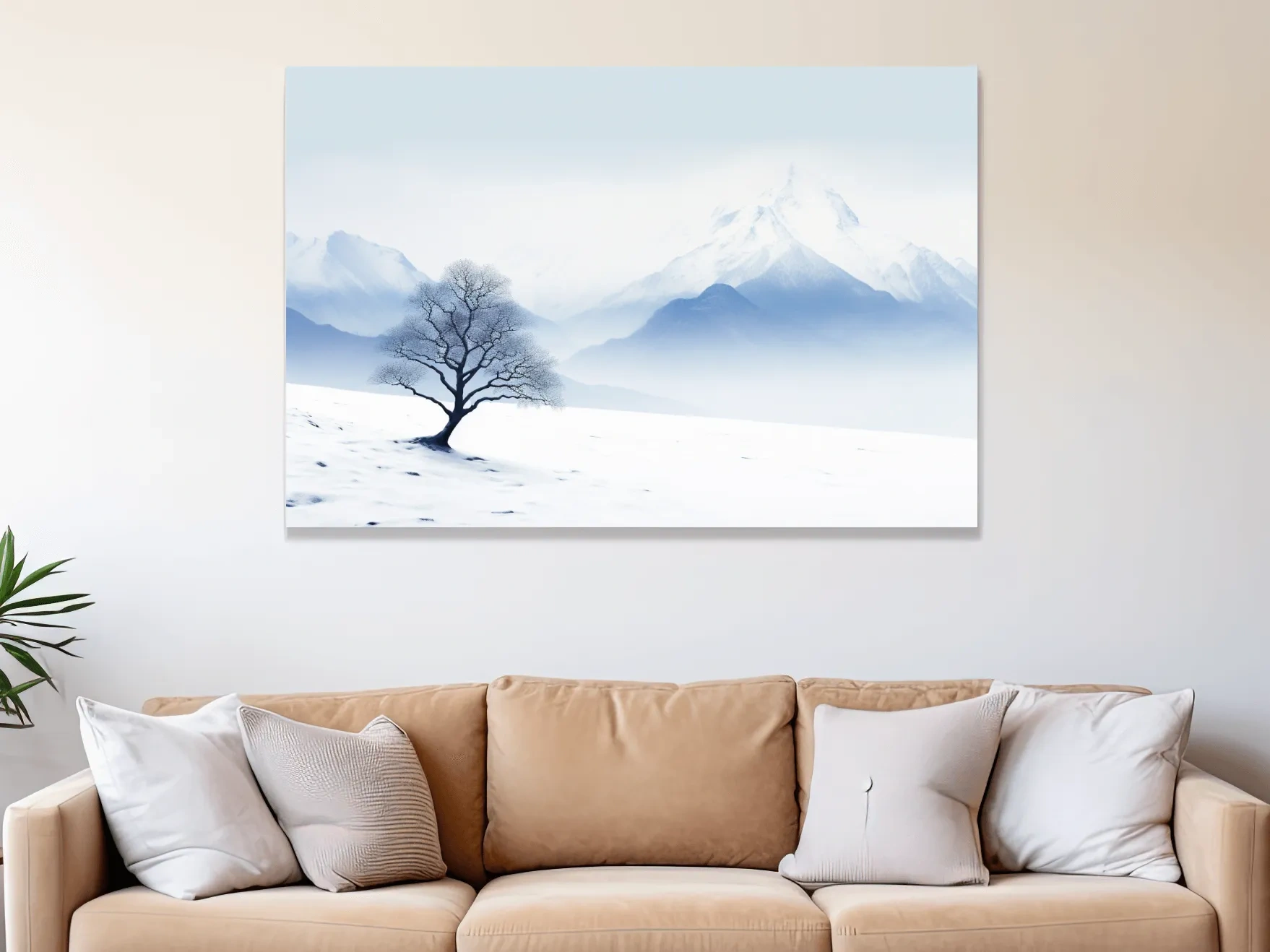 Minimalist Snowy Mountain Landscape With Lone Tree - Serene Winter Painting Wall Art