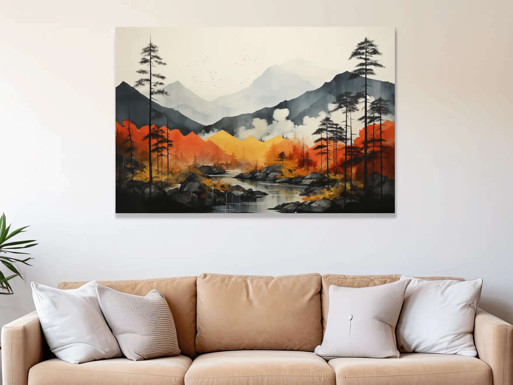 Surreal Mountain Lake Landscape - Autumn Forest Watercolor Wall Art