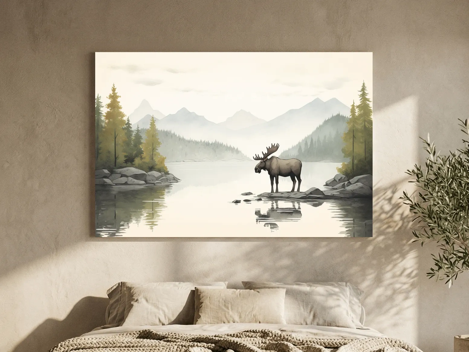 Childrens nursery illustration of a moose by a lake