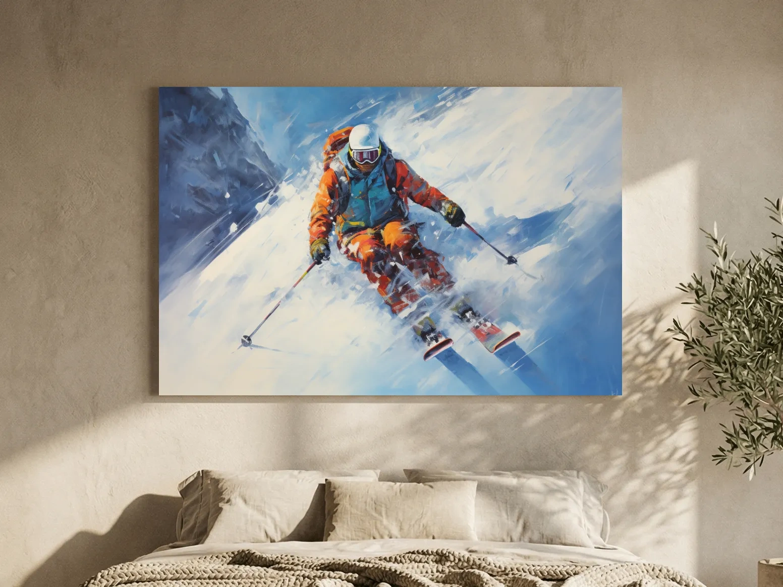 Dynamic Downhill Skier Painting - Snowy Alpine Adventure Wall Art