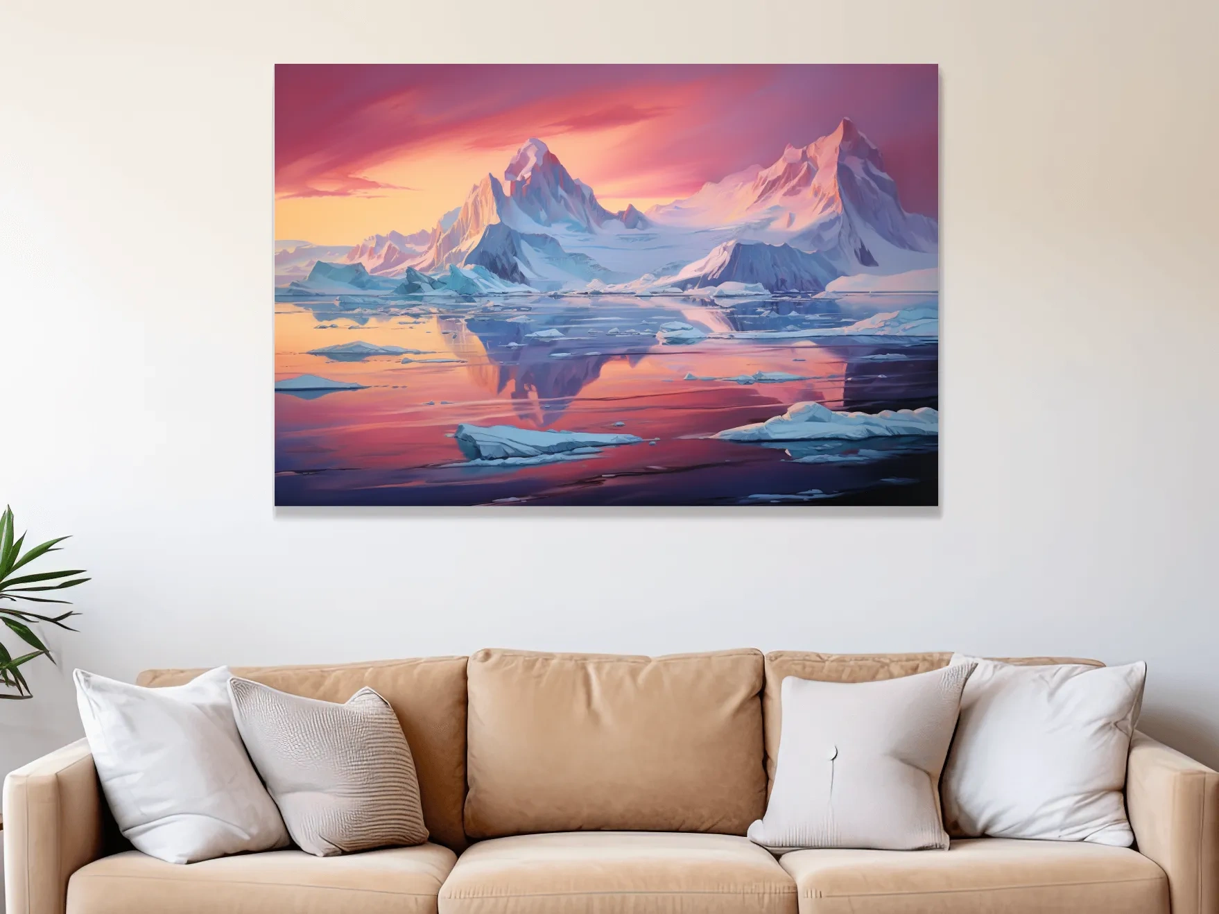 Painting of a sunset over the antarctic glacier