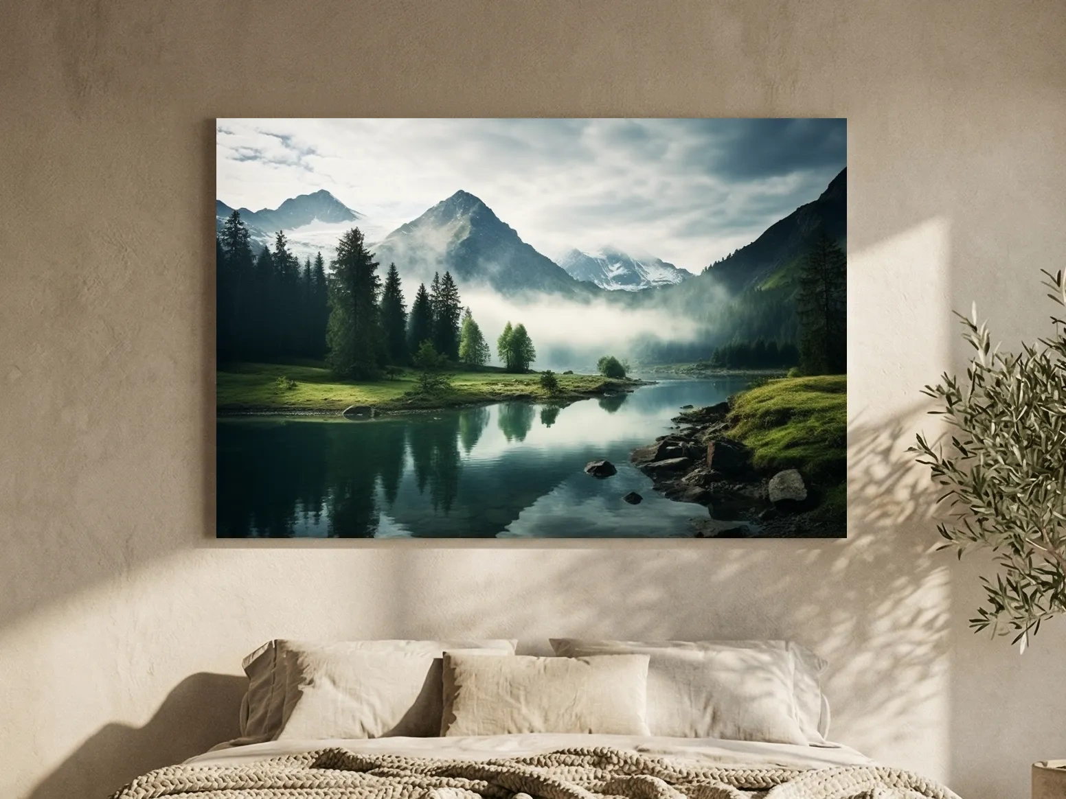 Misty Alpine Lake Reflection Landscape - Mountain Forest Photographic Wall Art