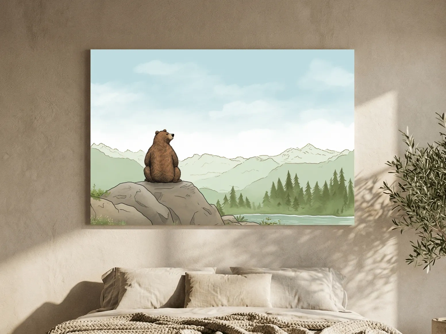 Whimsical Bear Overlooking Mountains - Cute Illustrated Nursery Wall Art
