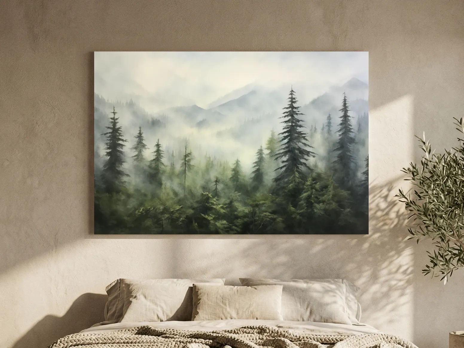Misty Evergreen Forest Mountains Watercolor - Serene Foggy Landscape Artwork