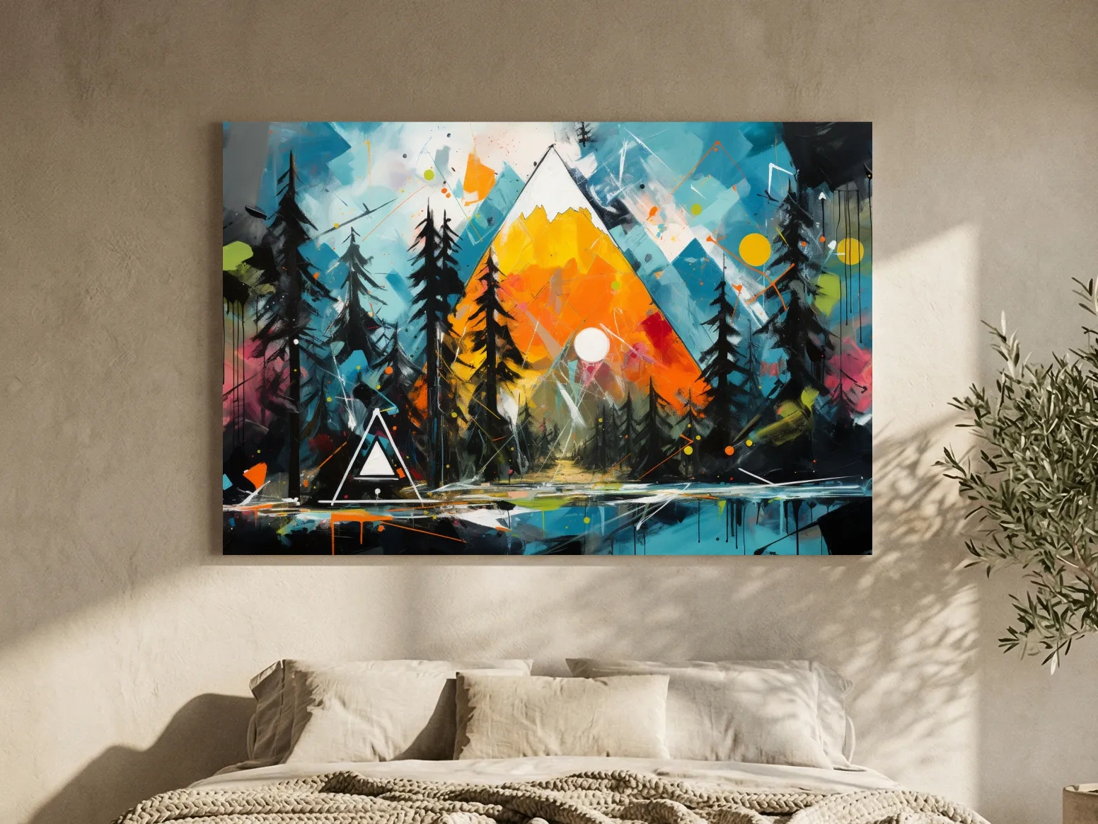 Vibrant Abstract Mountain Sunrise With Pine Forest - Energetic Landscape Wall Art