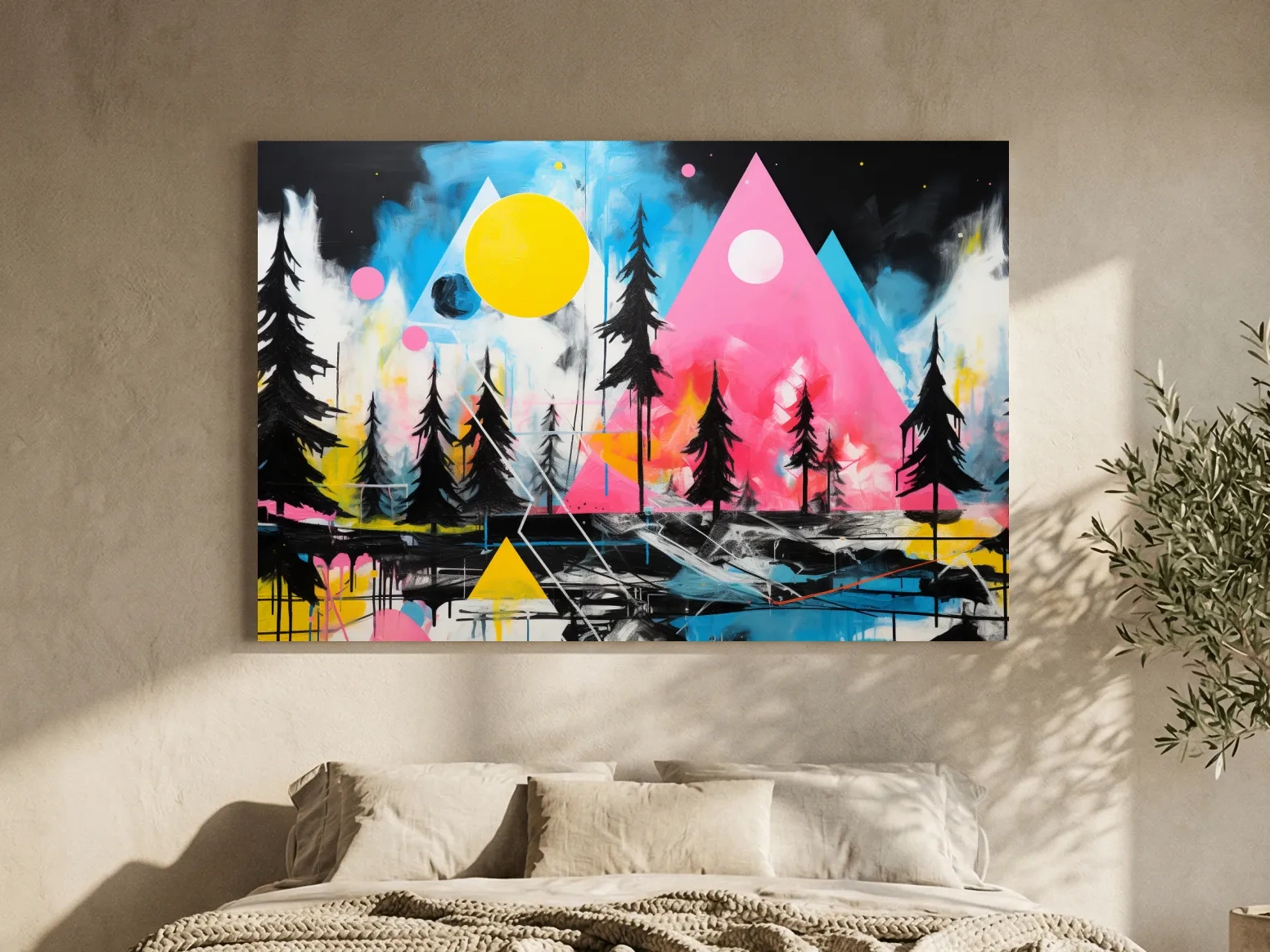 Neon Geometric Mountain Forest Painting - Vibrant Abstract Wall Art