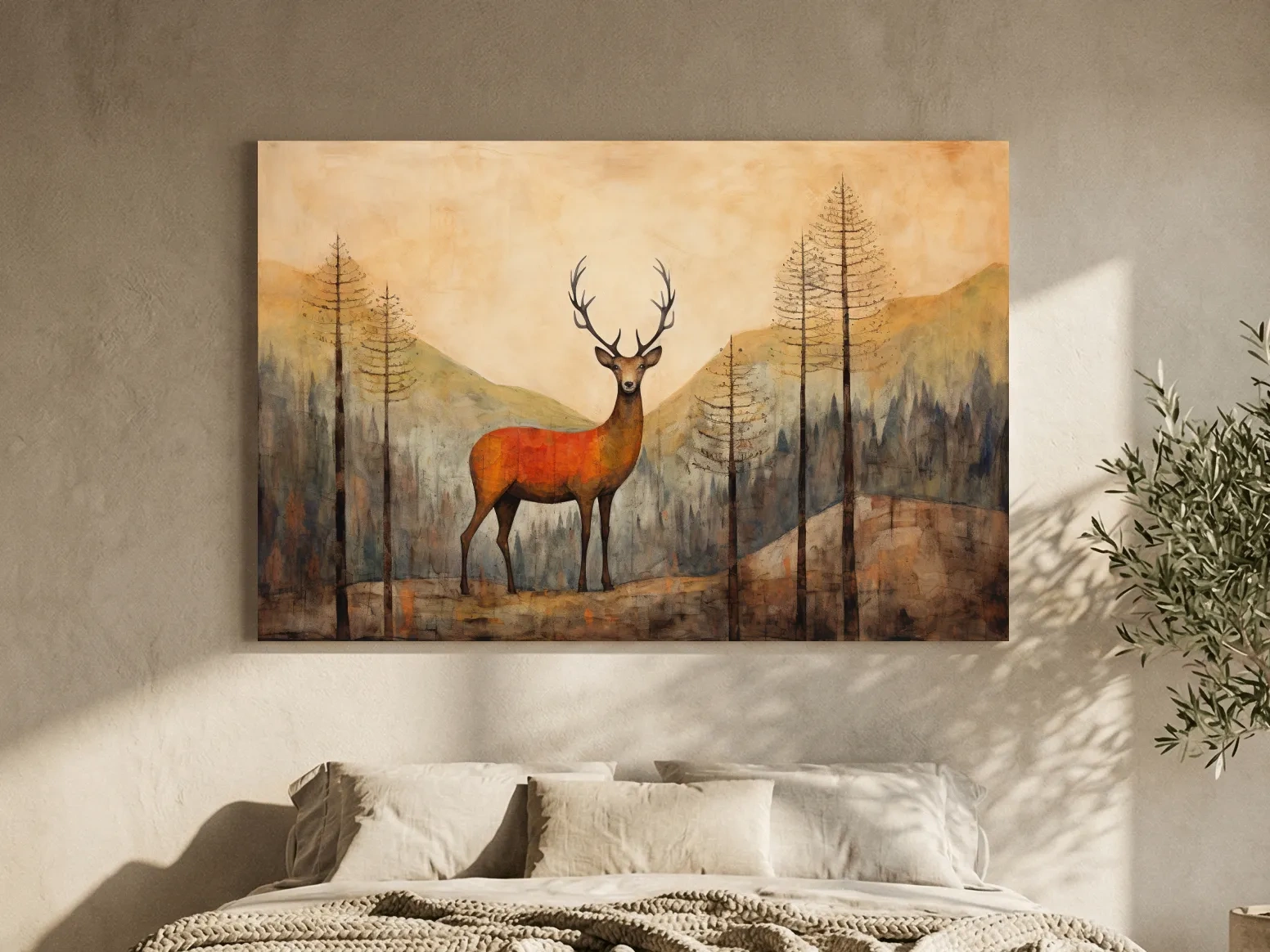 Rustic Woodland Stag Watercolor Painting - Autumn Mountain Forest Wildlife Wall Art