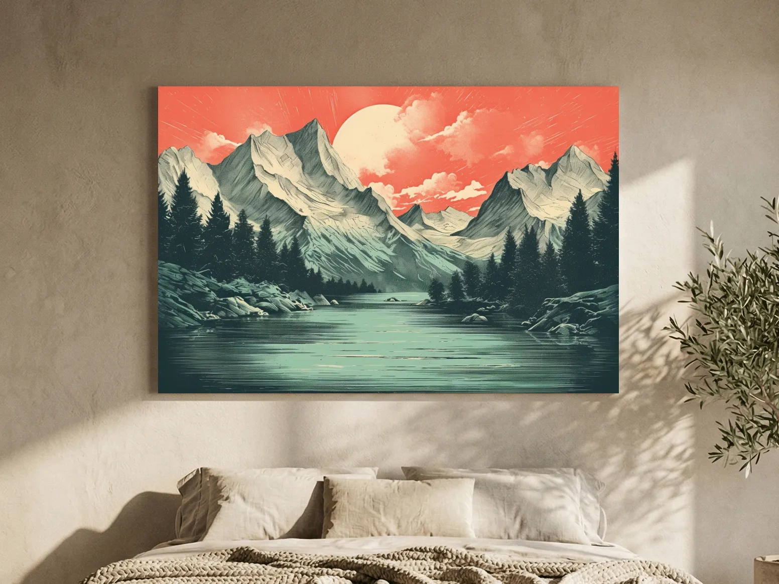 Retro Alpine Mountain Lake Sunset - Vintage Risograph Landscape Wall Art
