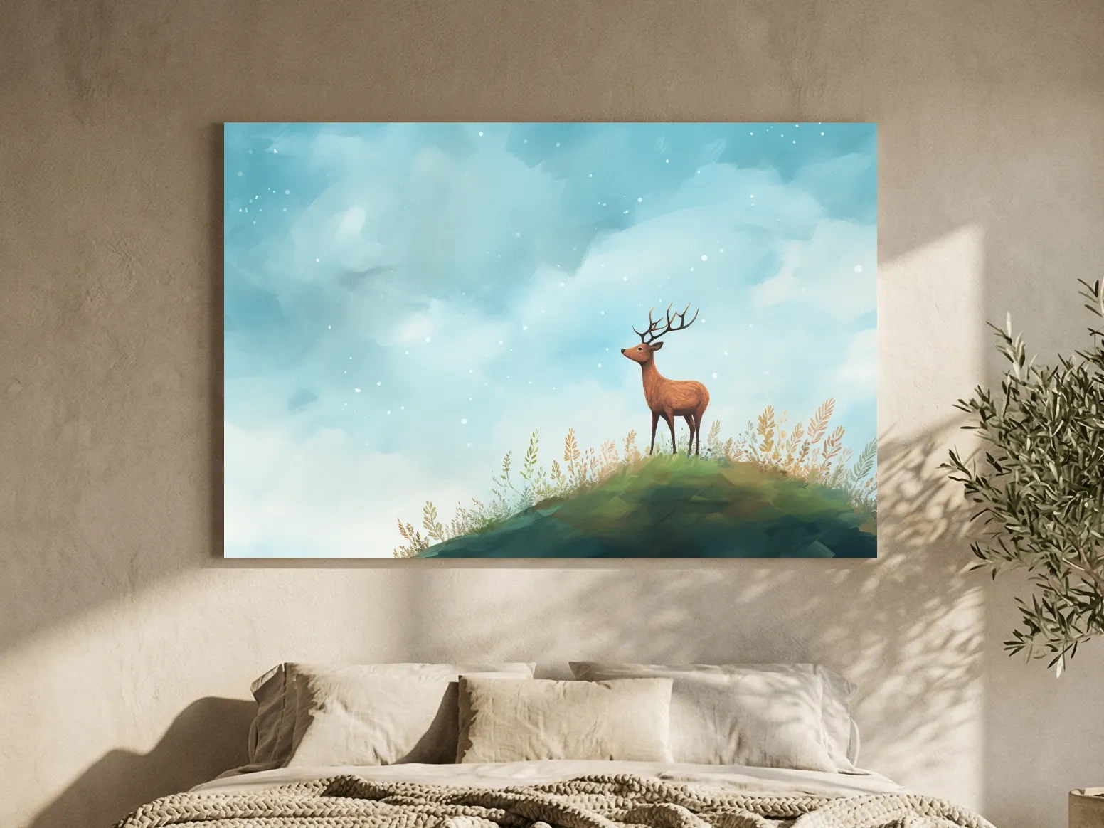 Whimsical Watercolor Stag On Meadow Hill - Nursery Woodland Wildlife Wall Art