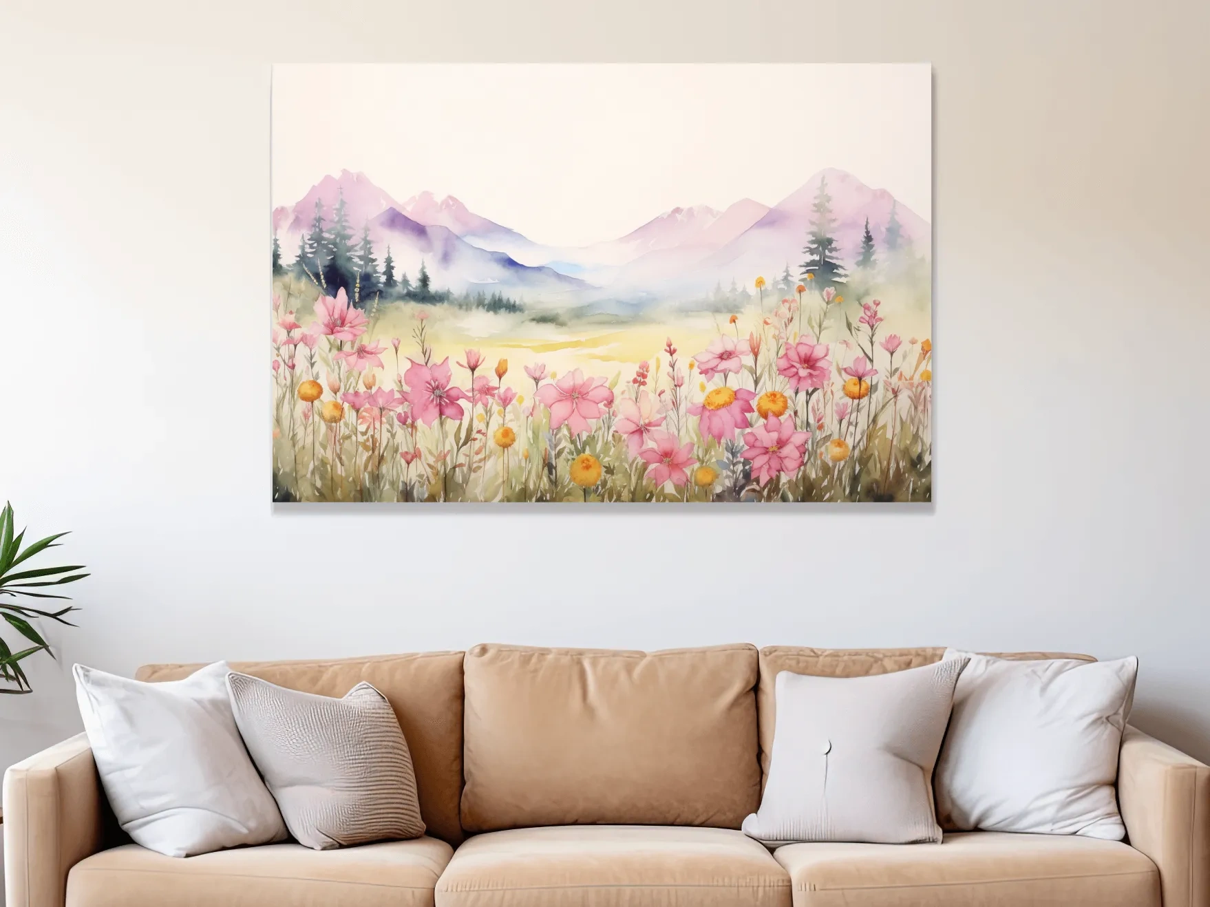 Pastel Wildflower Meadow Mountains Watercolor - Serene Alpine Wall Art