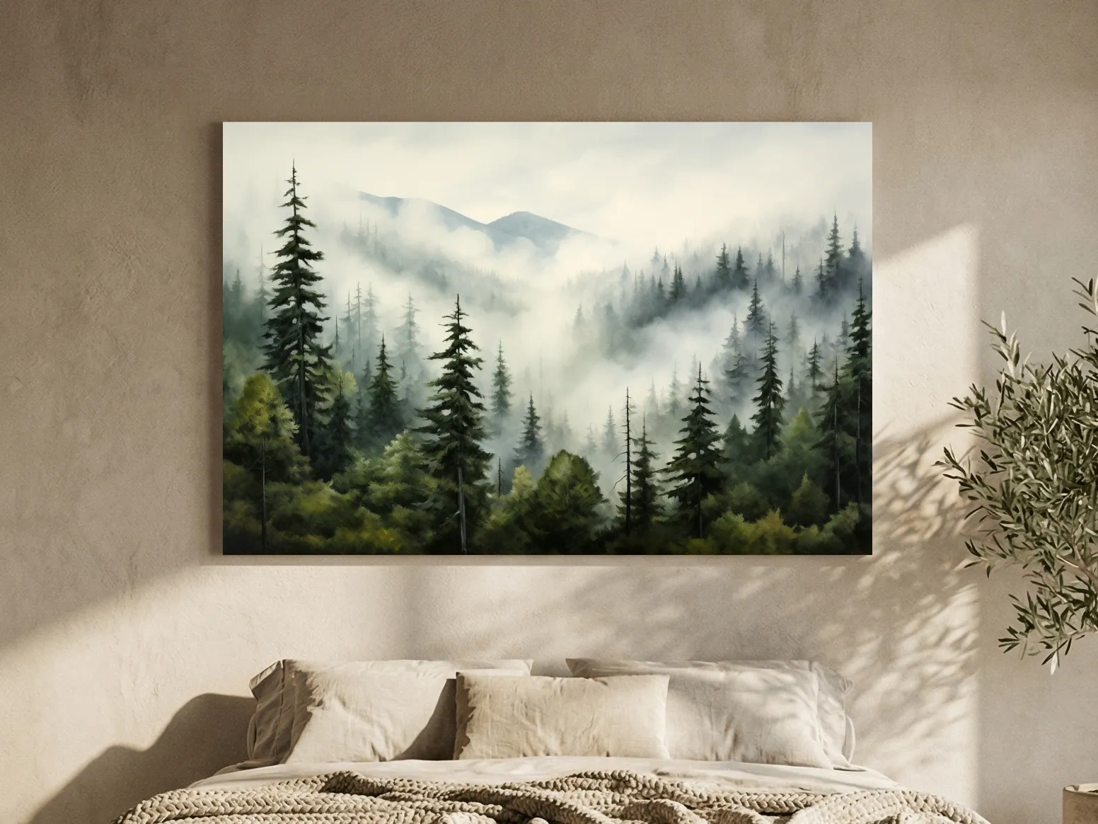 Foggy Alpine Mountain Forest Painting - Moody Watercolor Landscape Wall Art