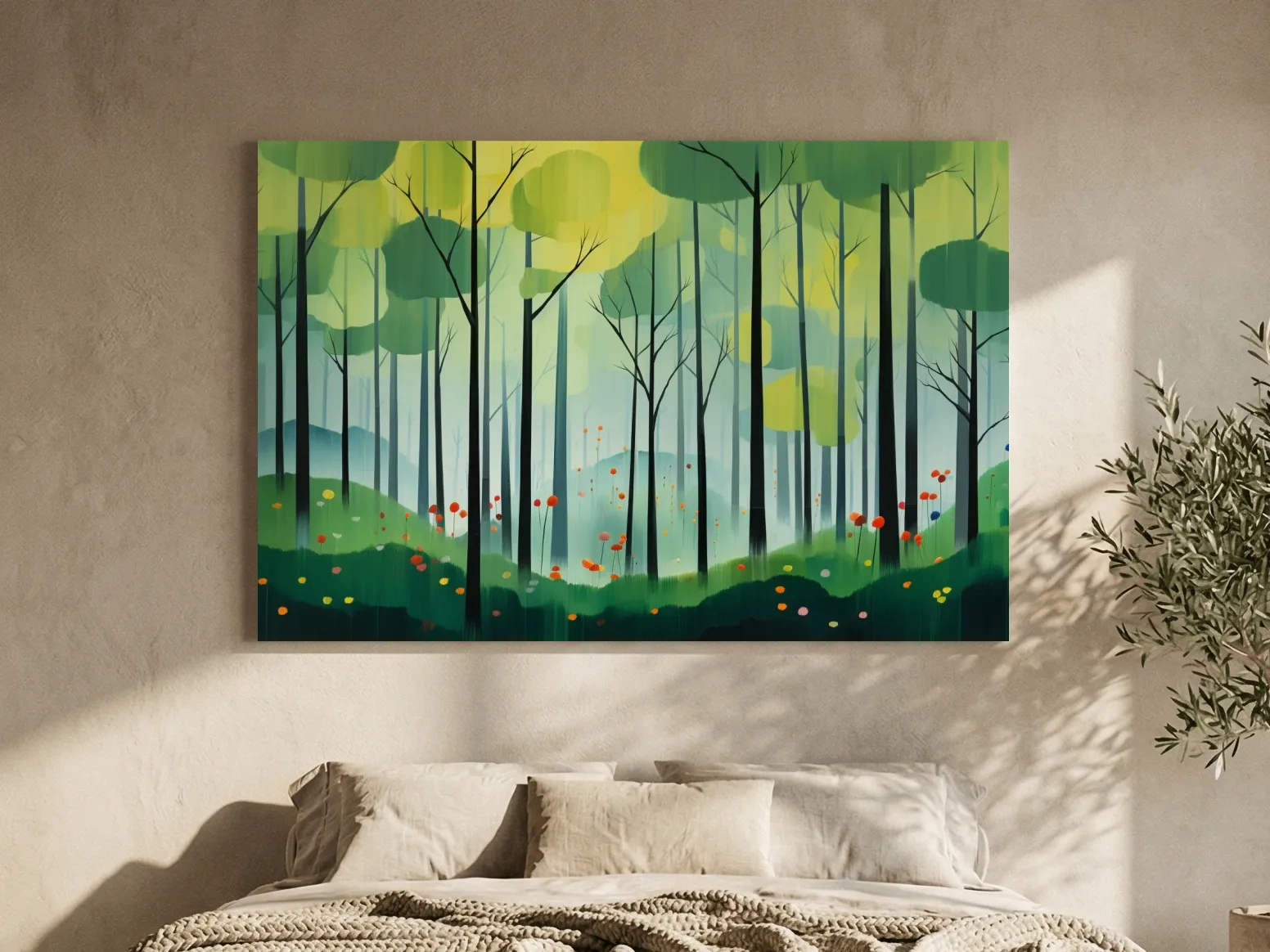 Whimsical Misty Forest Grove Illustration - Woodland Landscape Wall Art