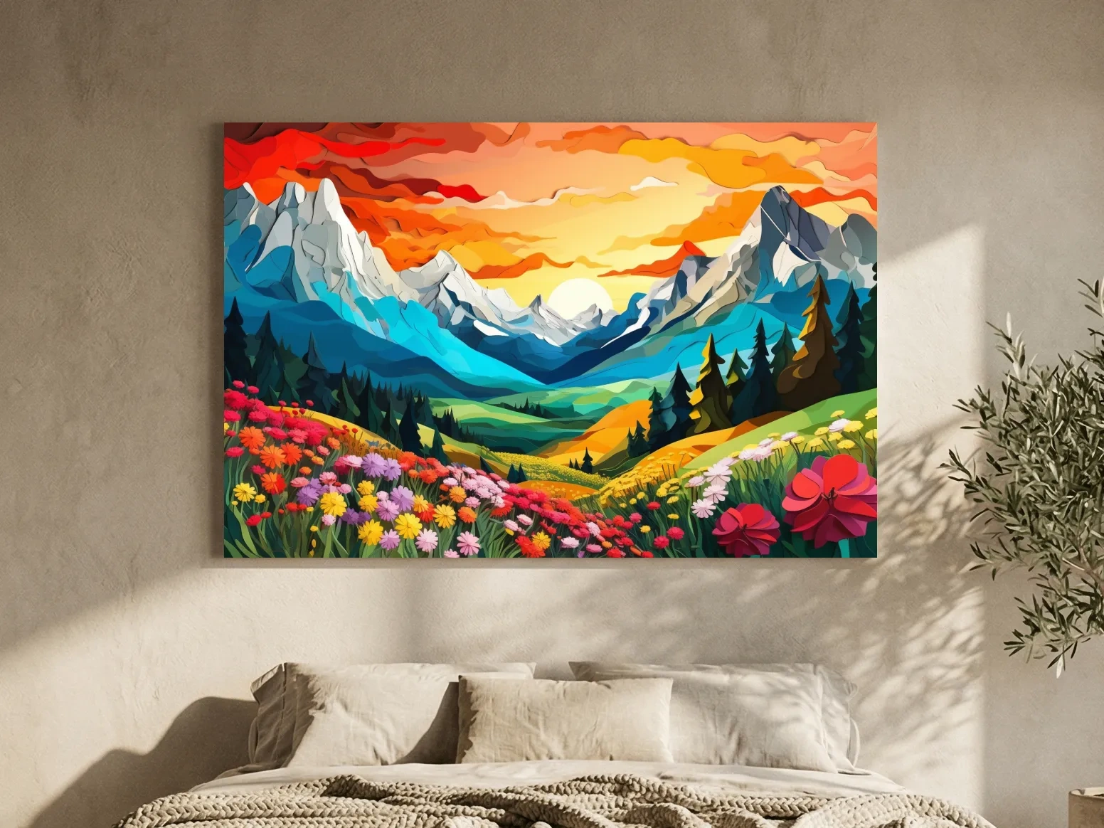 Vibrant Wildflower Mountain Valley Sunset - Colorful Paper Cutout Style Wall Art