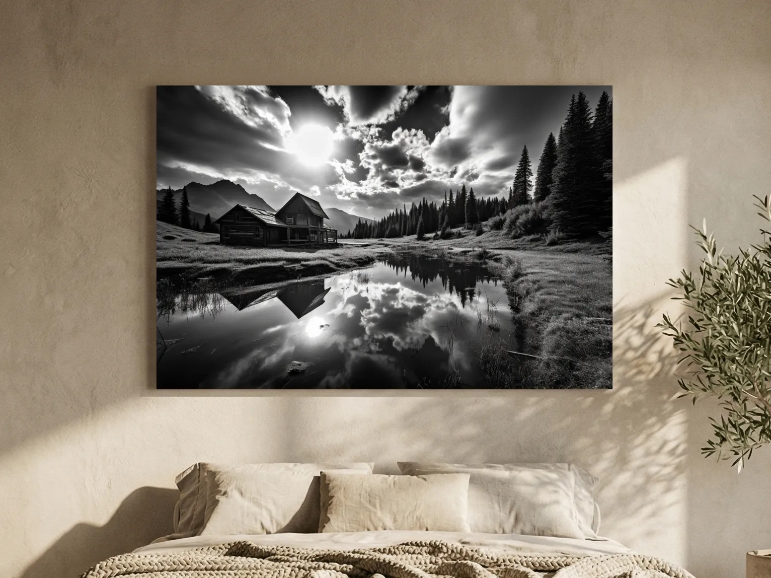 Moody Black And White Mountain Cabin Reflection - Dramatic Alpine Landscape Photography Wall Art