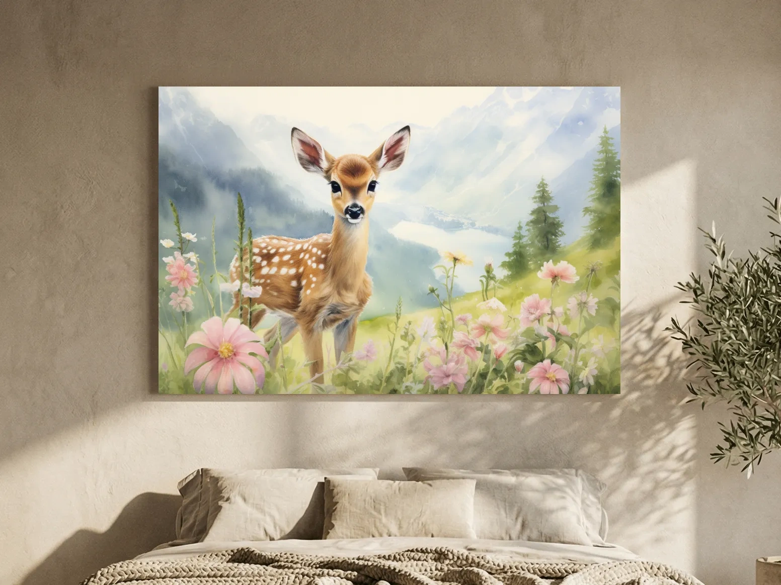 Watercolor Fawn In Wildflowers - Pastel Alpine Meadow Nursery Wall Art