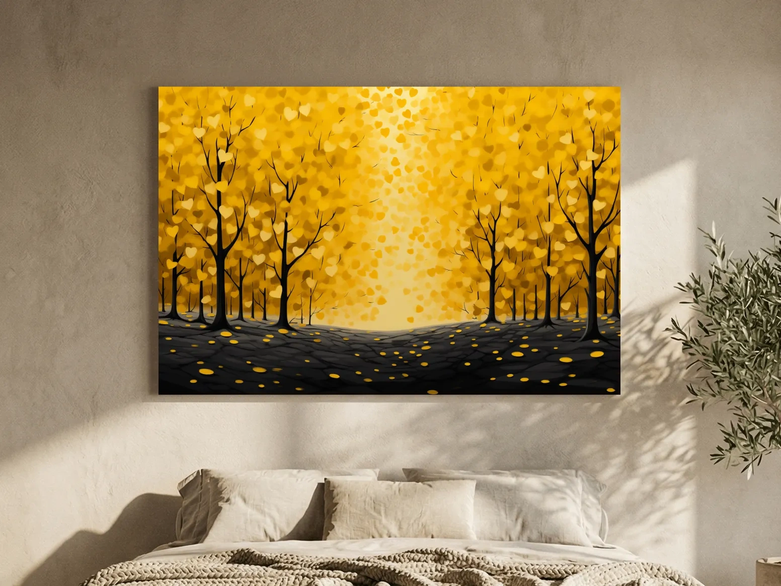 Golden Autumn Forest Canopy Painting - Warm Love Heart Wall Art