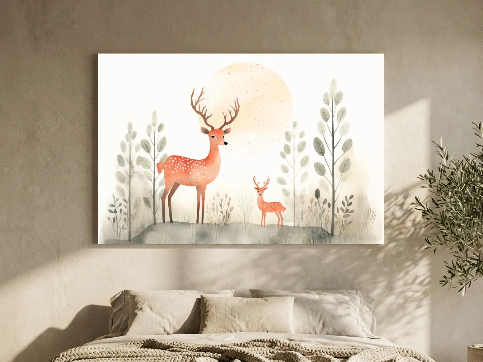 Whimsical Watercolor Deer Family Illustration - Scandinavian Nursery Forest Wall Art