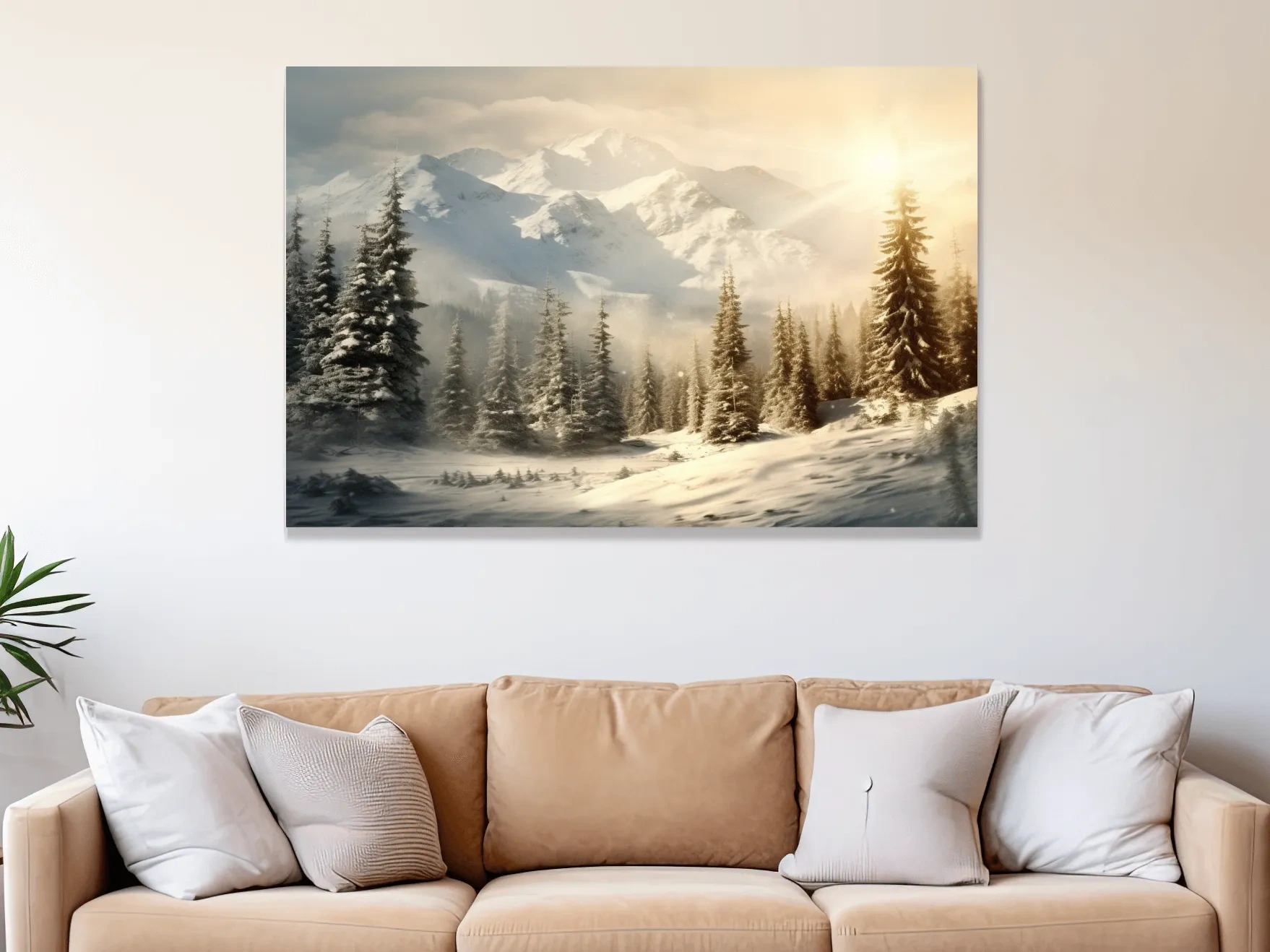 Snow covered mountains at sunrise, realistic painting