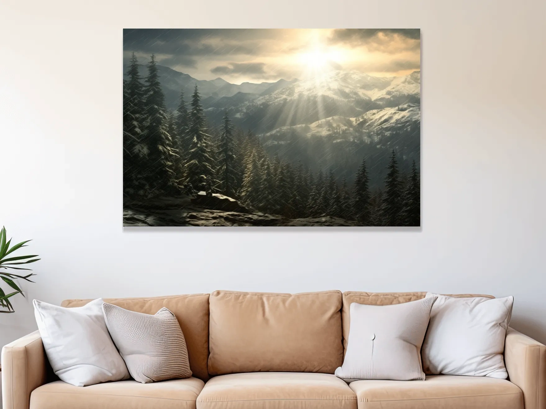 Mountain Snowstorm Sunrise Over Pine Forest - Dramatic Winter Landscape Artwork