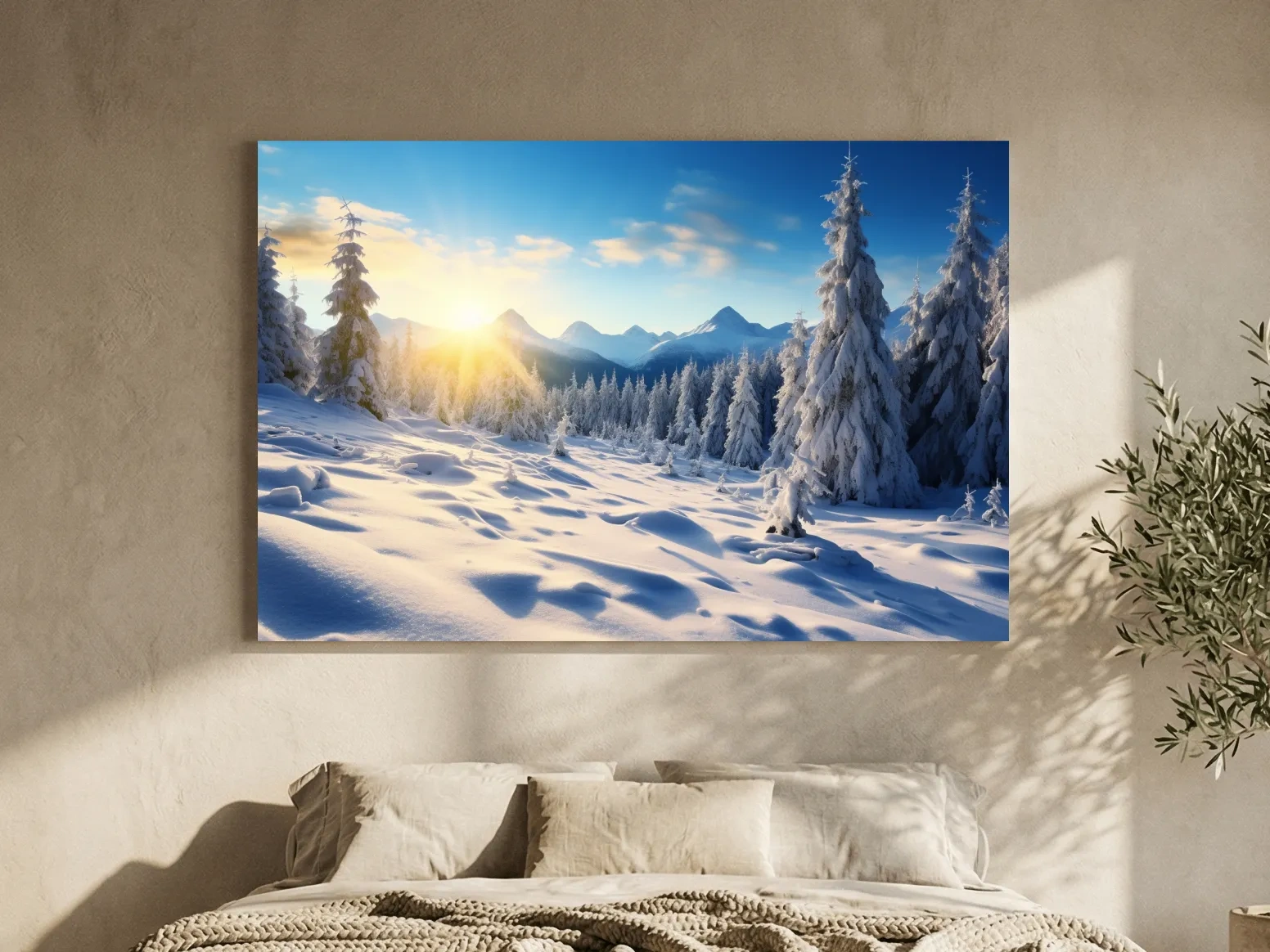 Snowy Sunrise Alpine Forest Landscape - Serene Photographic Nature Wall Art