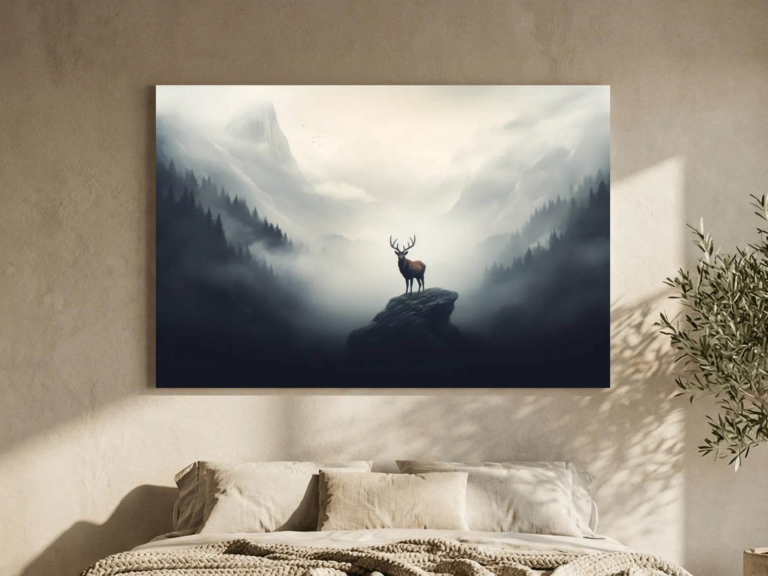 Majestic Stag On Rocky Peak - Misty Mountain Forest Wall Art