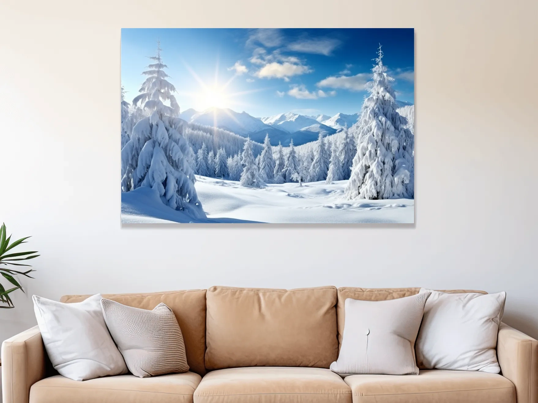 Sunlit Snowy Mountain Winter Landscape - Photographic Alpine Forest Wall Art