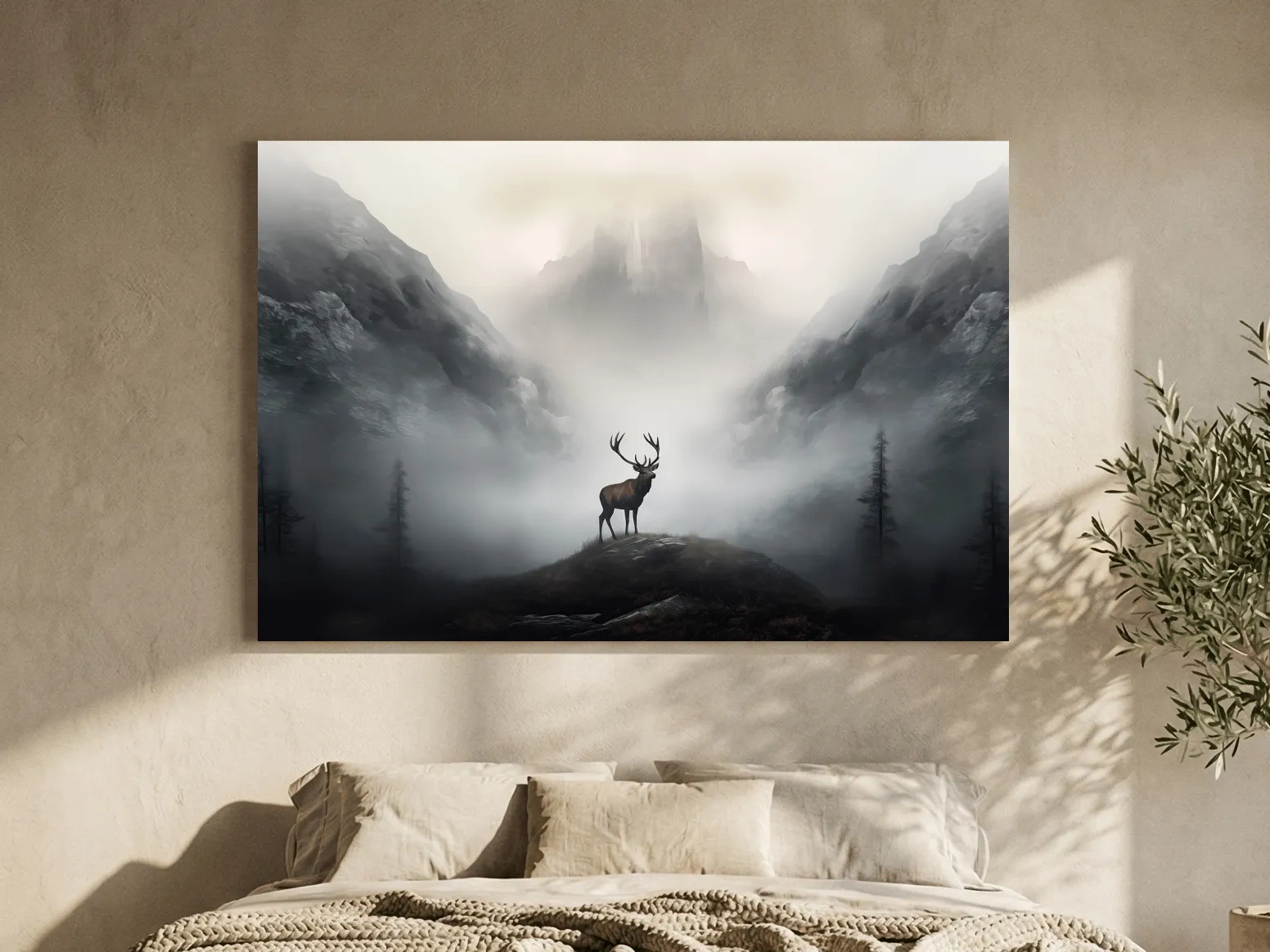 Moody Misty Mountain Stag Silhouette - Atmospheric Wildlife Landscape Art