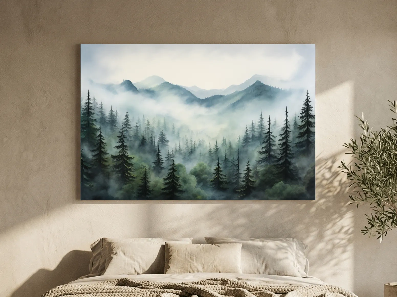 Misty Alpine Forest Painting - Foggy Mountain Landscape Art