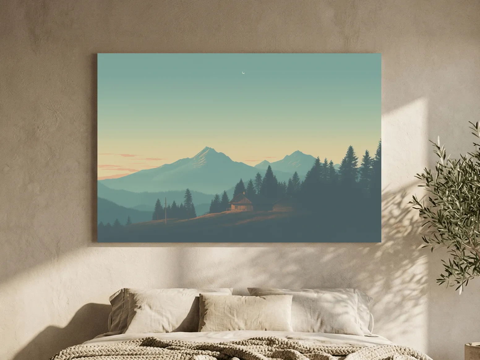 Hazy Alpine Cabin Mountain Sunset - Serene Vintage Landscape Wall Art