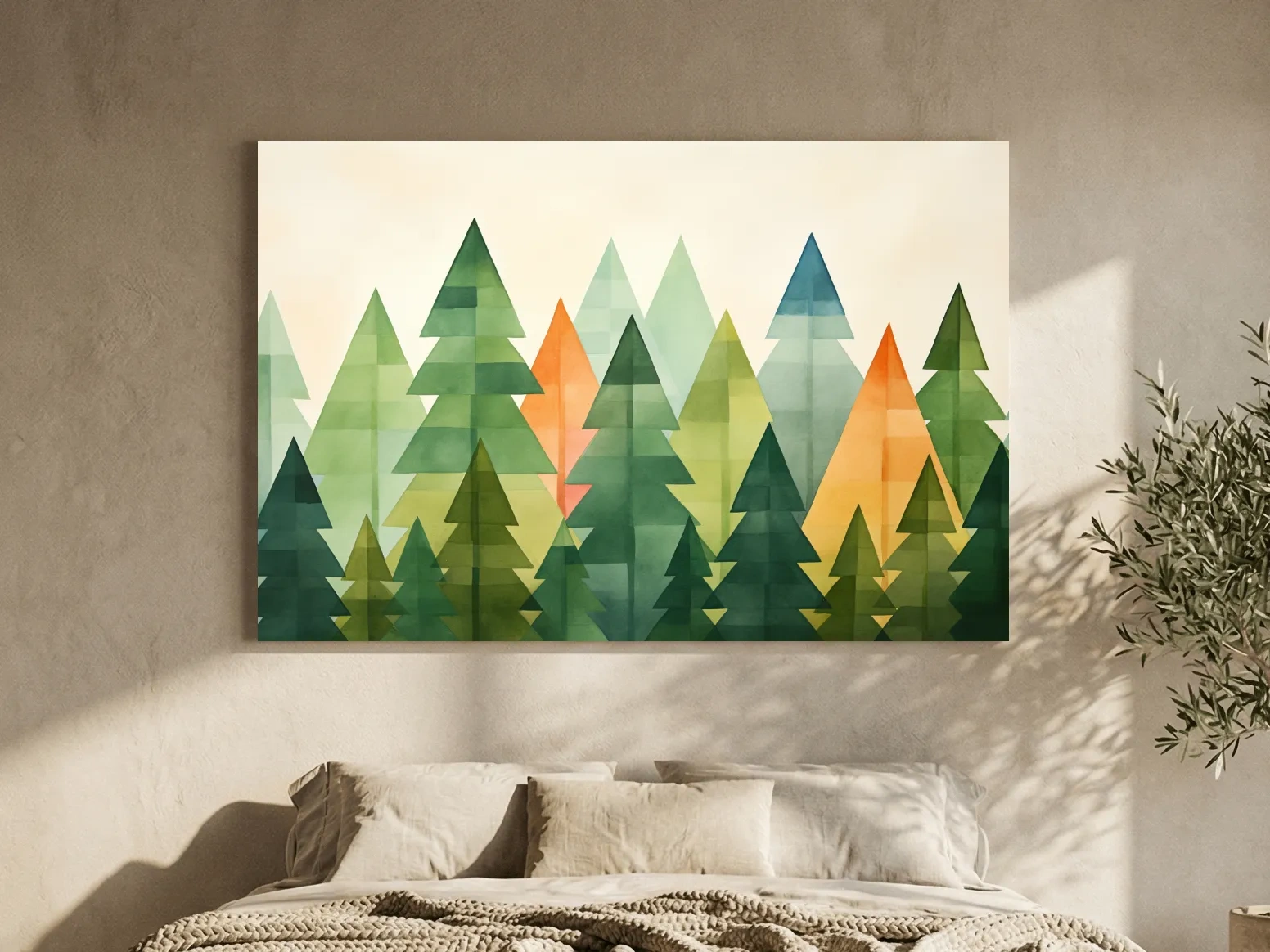 Geometric Watercolor Pine Forest Landscape - Modern Scandinavian Nature Wall Art
