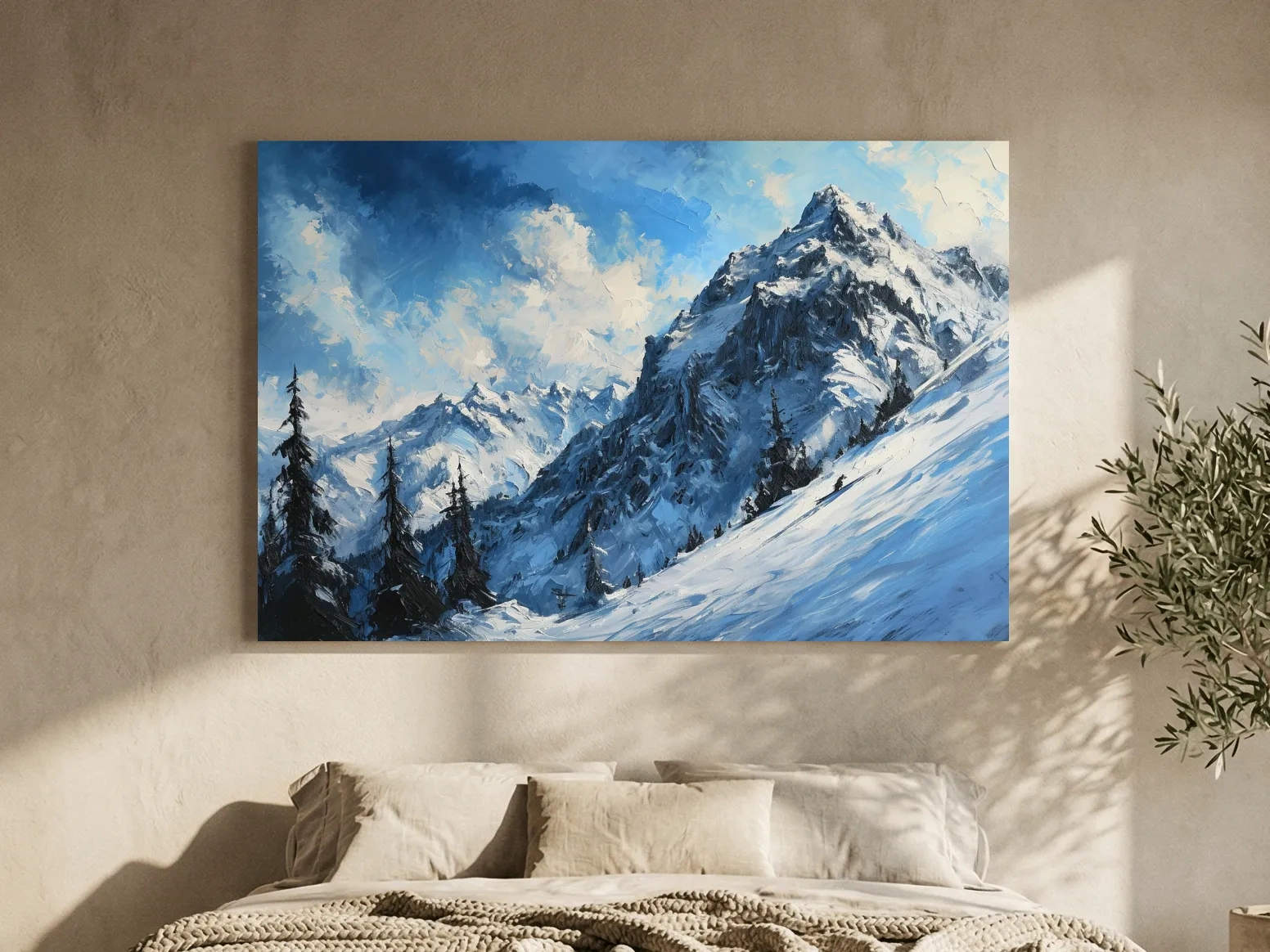 Alpine Snowy Peak Oil Painting - Moody Mountain Landscape Wall Art