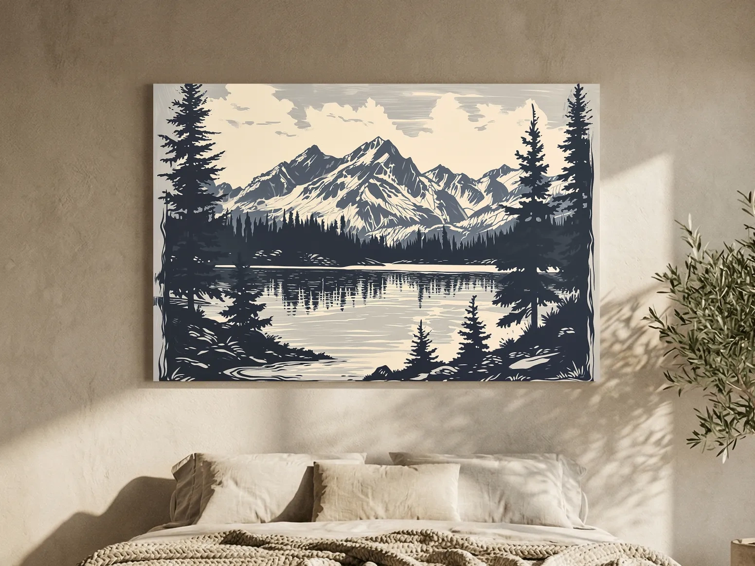 Vintage Alpine Lake Mountain Illustration - Monochrome Linocut Style Artwork