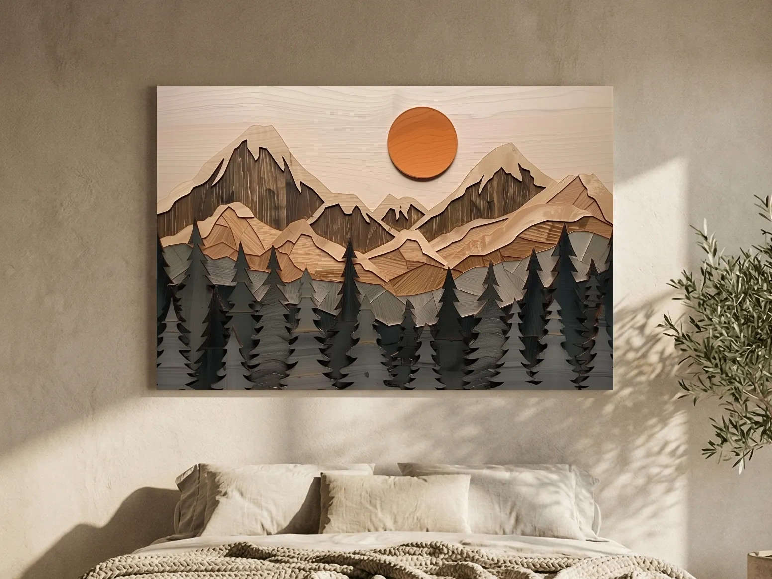 Rustic Geometric Wood Grain Mountain Sunrise - Pine Forest Landscape Wall Art