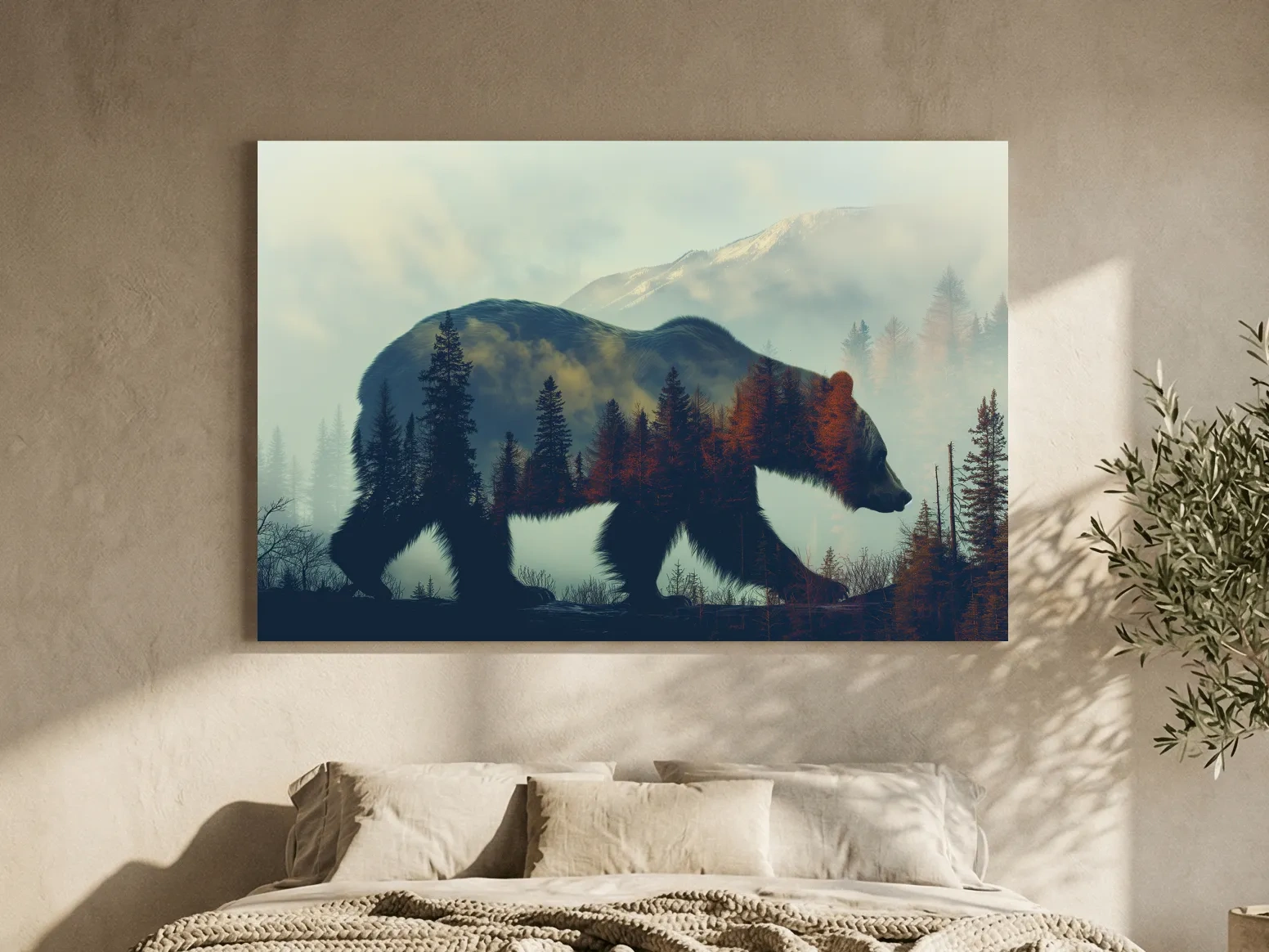 Moody Double Exposure Grizzly Bear Silhouette - Misty Pine Forest Mountain Wall Art