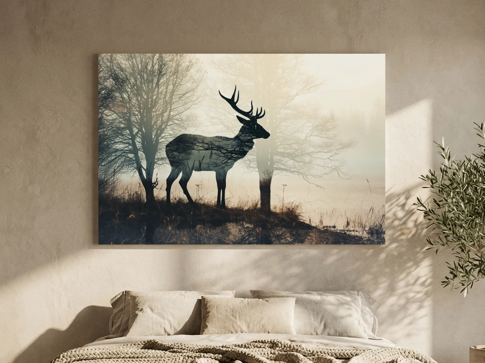 Misty Deer Silhouette Forest Landscape - Double Exposure Wildlife Photography Wall Art