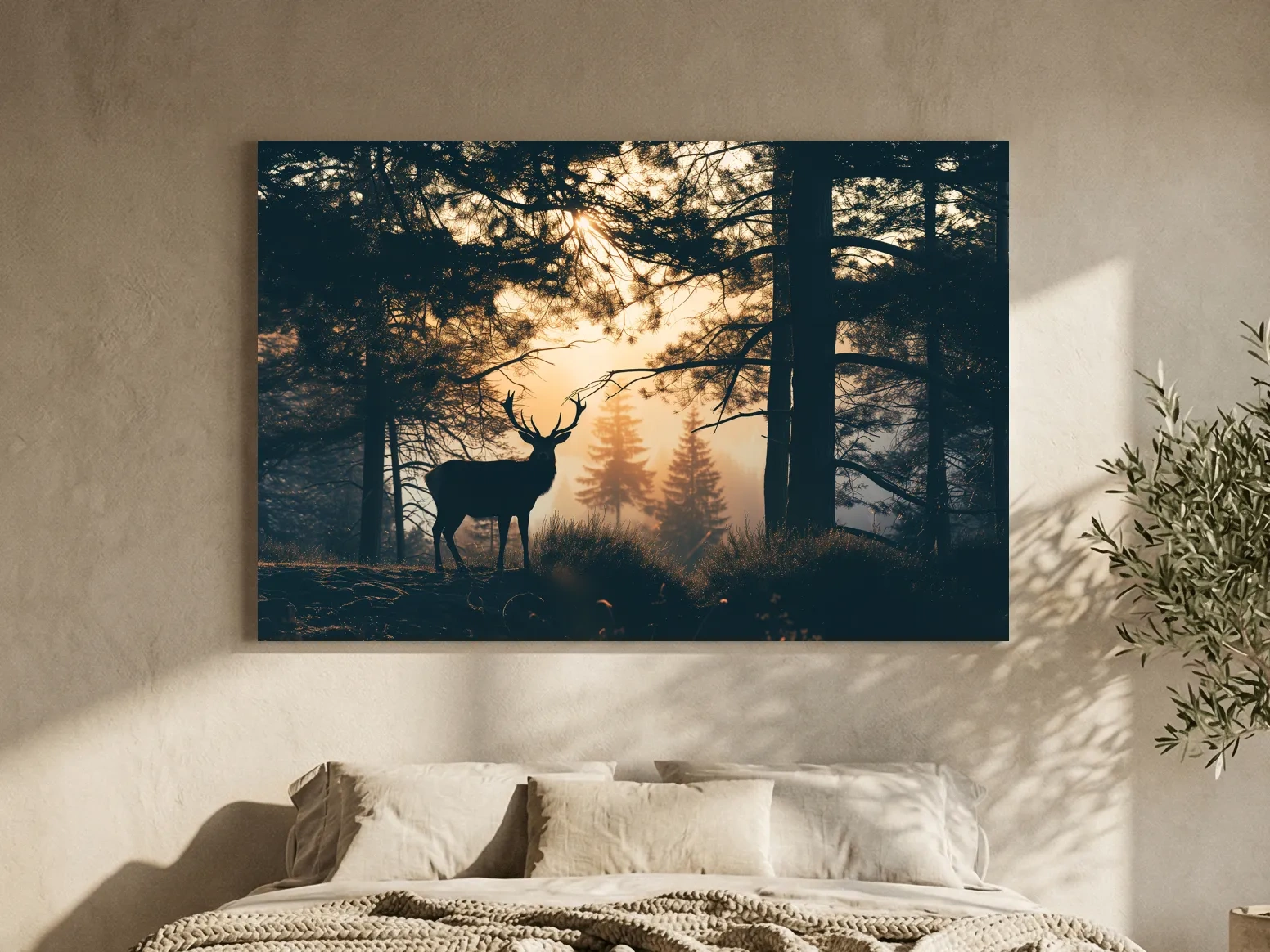 Moody Deer Silhouette In Misty Pine Forest - Golden Sunrise Wildlife Wall Art