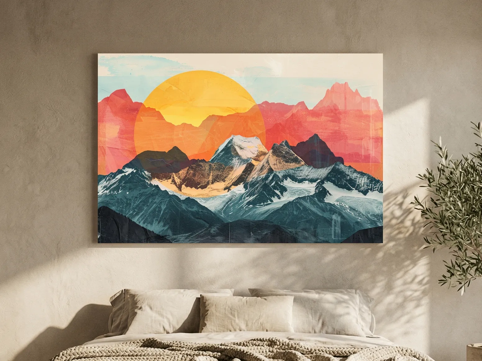 Print collage style abstract mountain artwork
