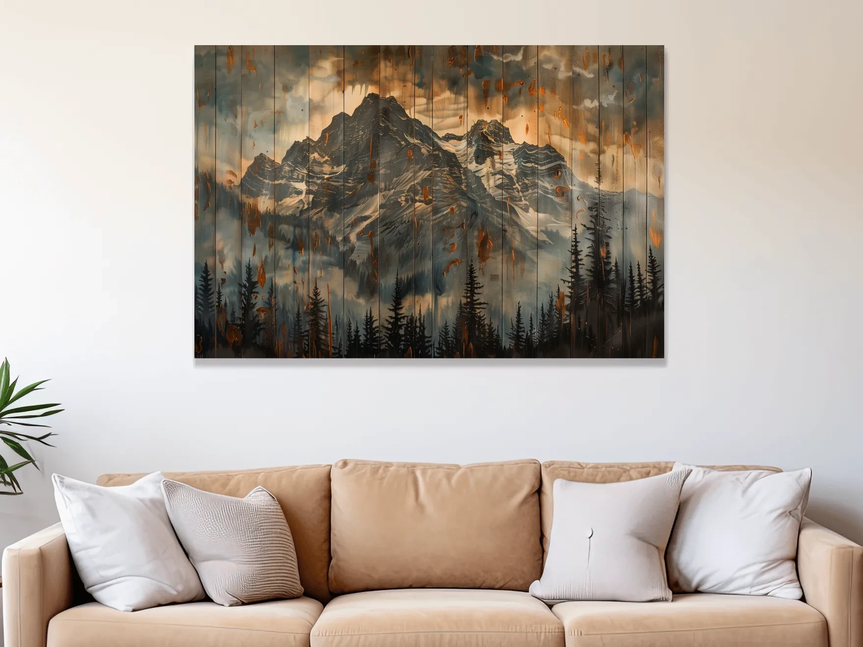 Rustic Mountain Range Painting - Alpine Forest Wood Panel Wall Art