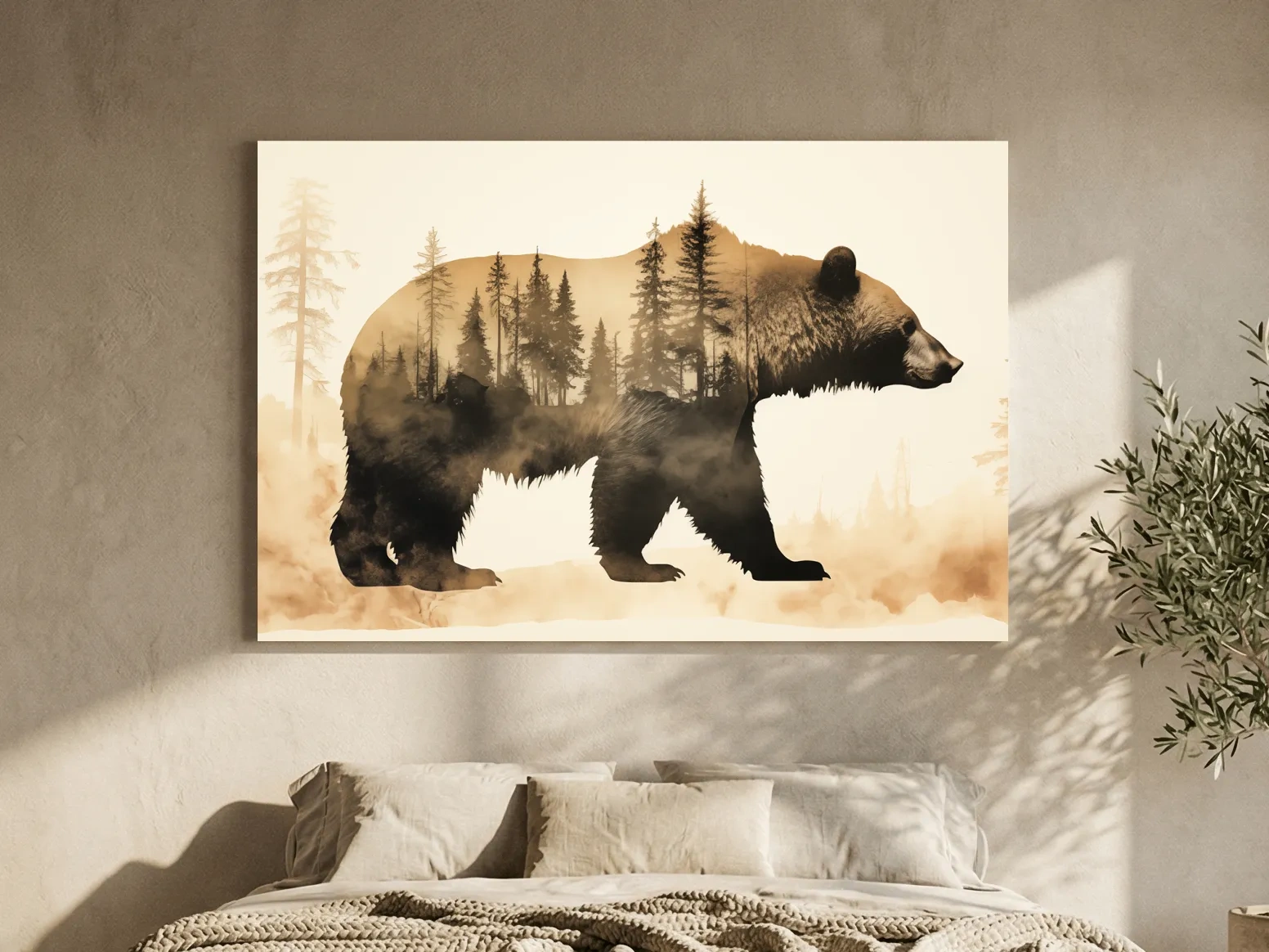 Double Exposure Grizzly Bear Forest Silhouette - Misty Wilderness Nature Artwork