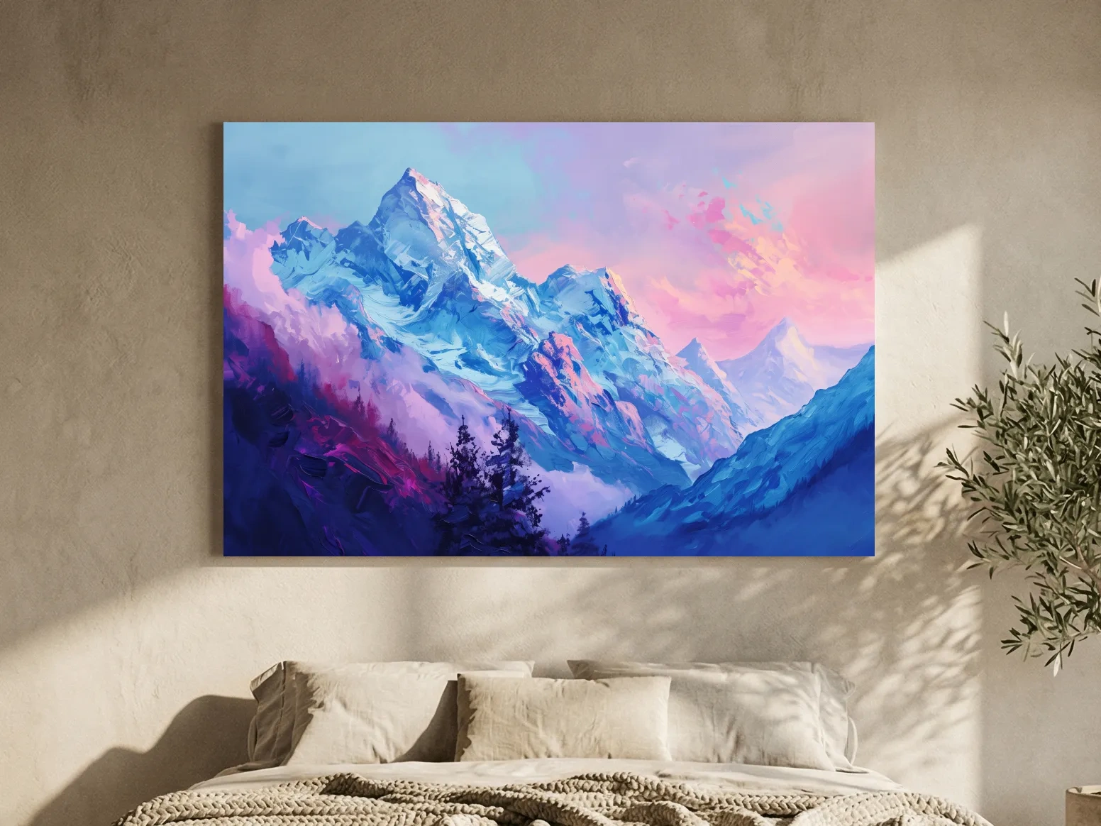 Vibrant Impressionism Alpine Mountain Painting - Colorful Snowy Peaks Wall Art
