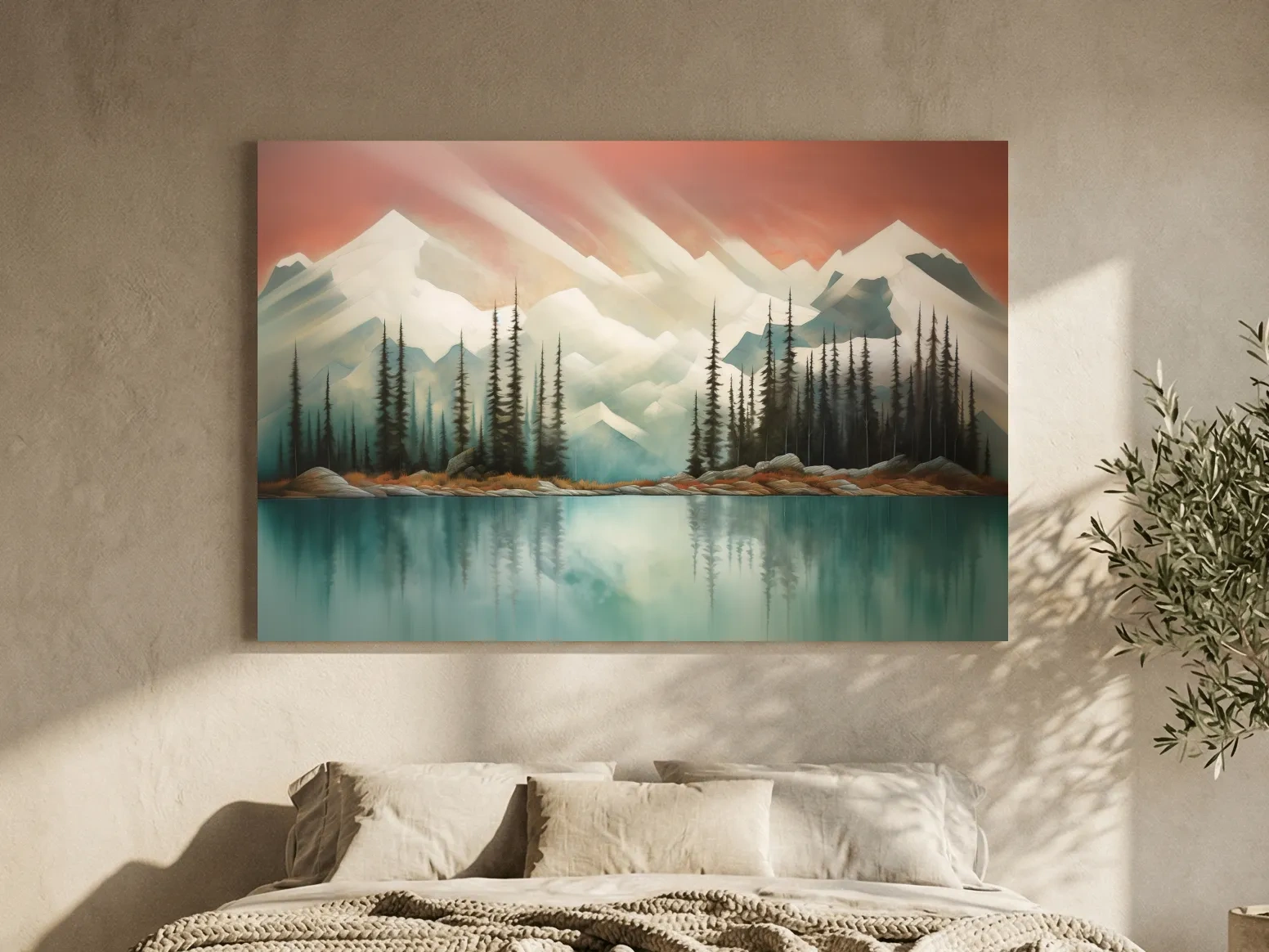 Abstract Alpine Lake Landscape Painting - Serene Pine Forest Mountain Wall Art