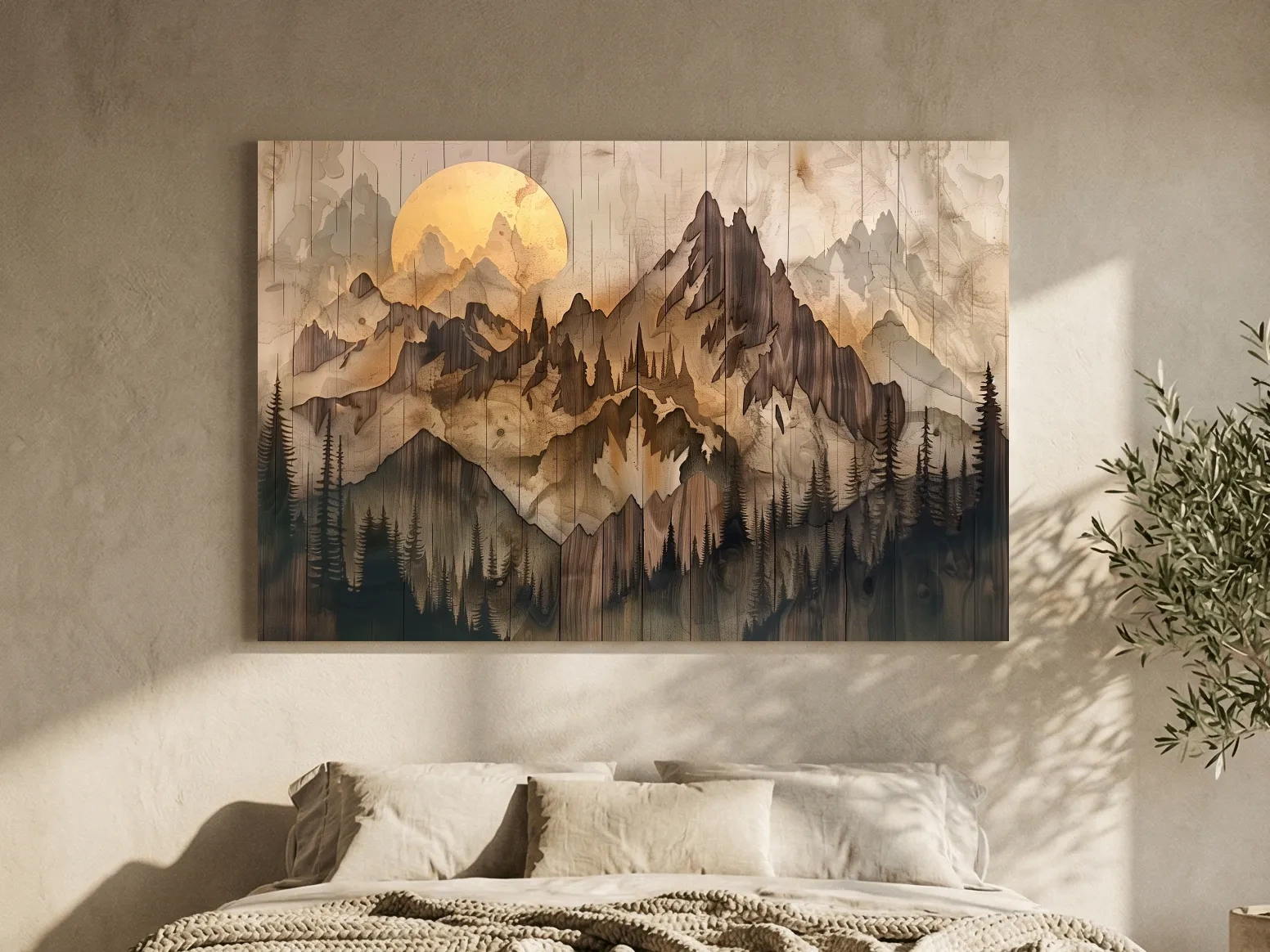 Rustic Sepia Mountain Sunrise Landscape - Vintage Wood Grain Watercolor Artwork