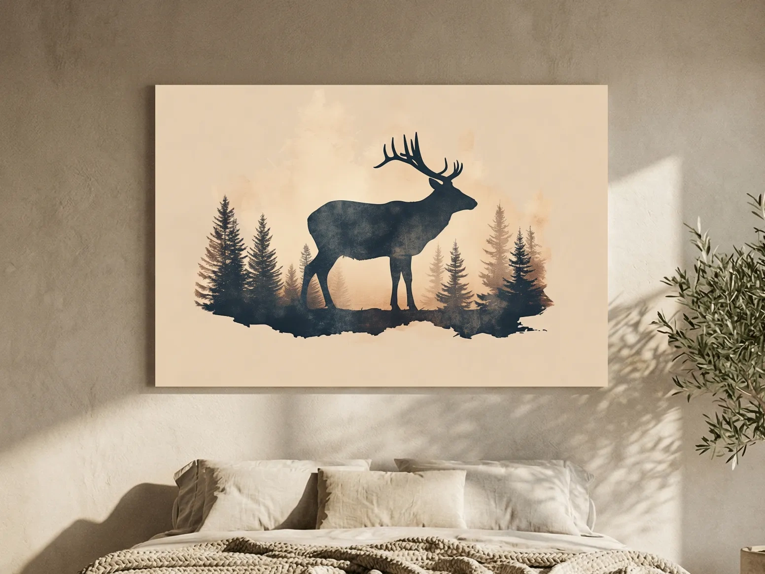 Vintage Sepia Deer Silhouette In Pine Forest - Rustic Woodland Artwork