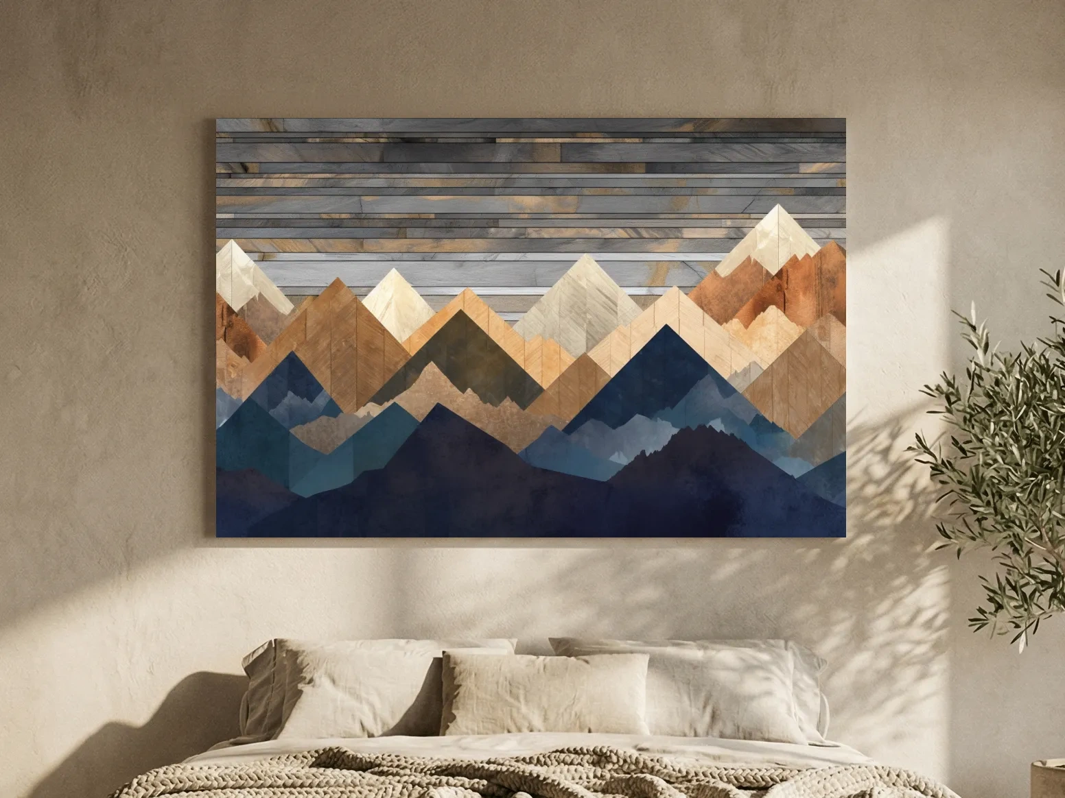 Geometric Layered Mountain Peaks - Rustic Wood Texture Abstract Wall Art