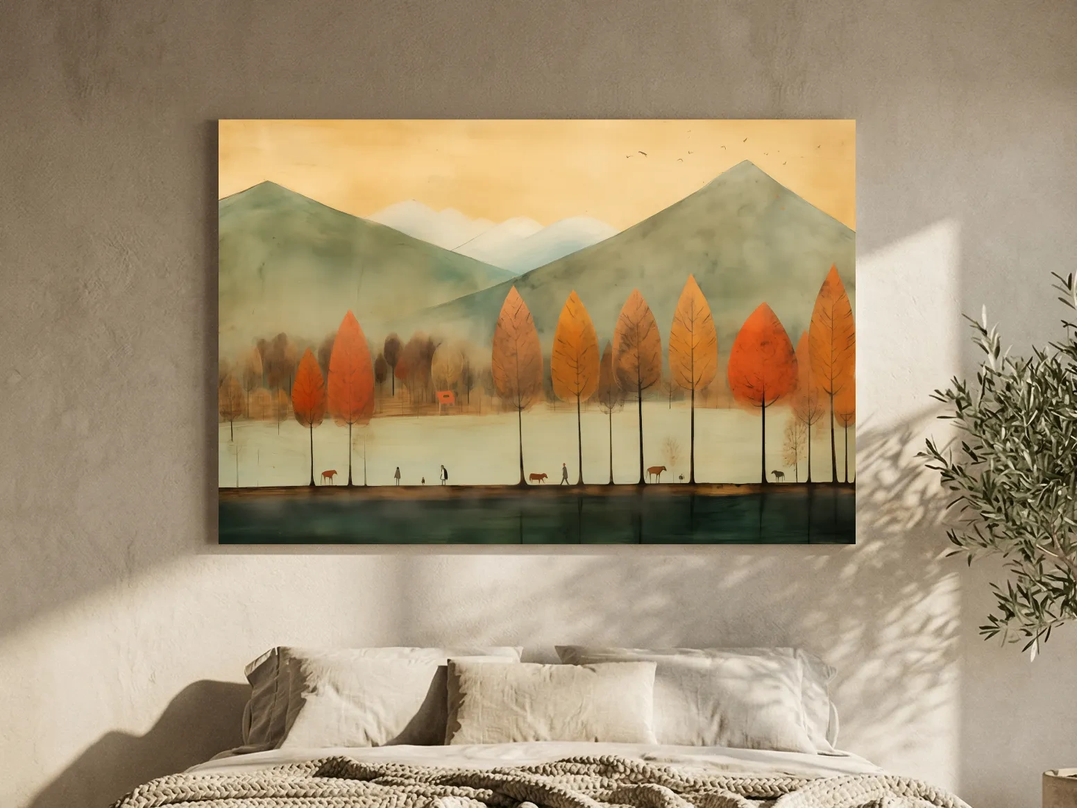 Autumn Tree Lined Lake Landscape - Quirky Watercolor Style Wall Art