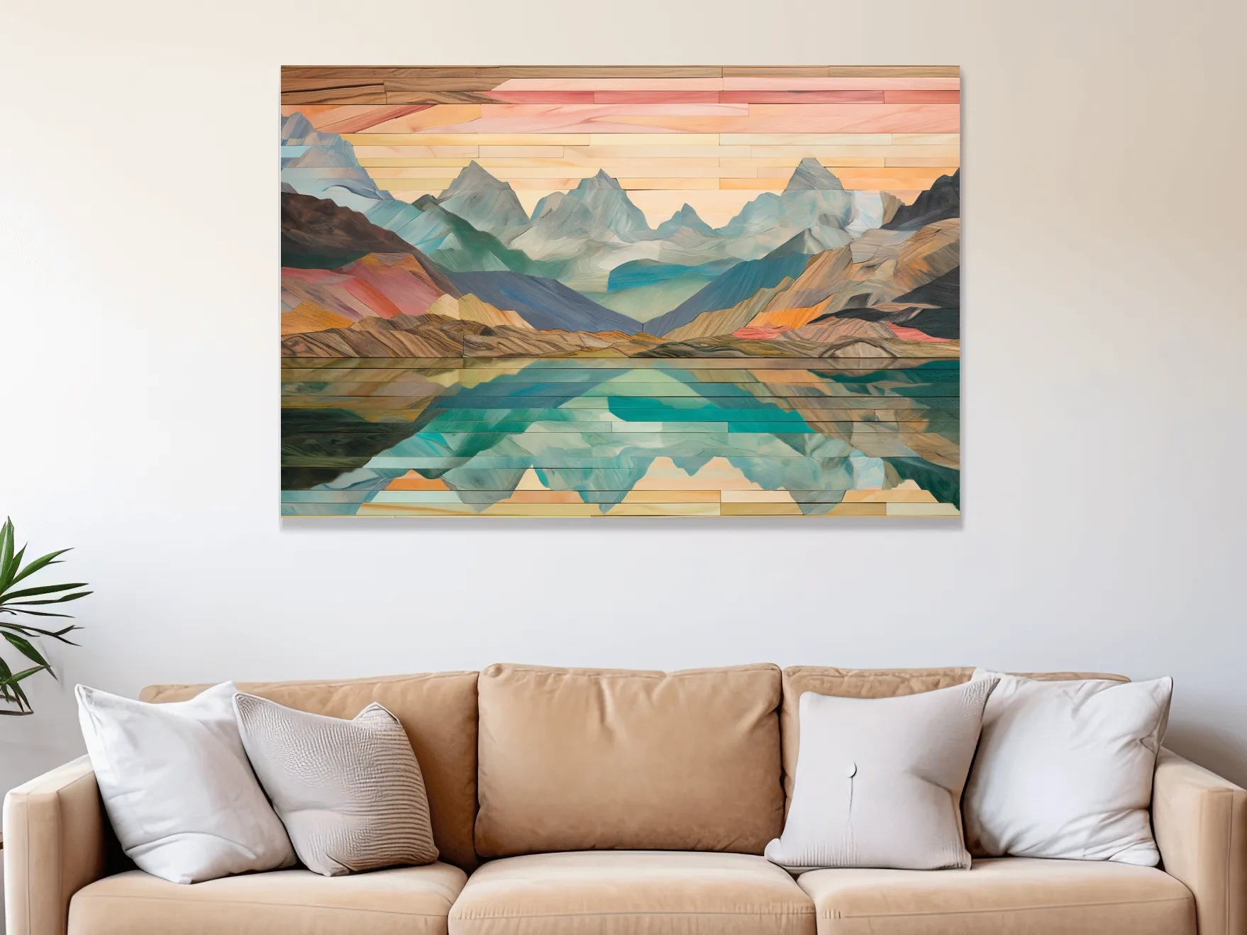 Alpine Lake Mountain Reflection - Layered Wooden Style Landscape Wall Art