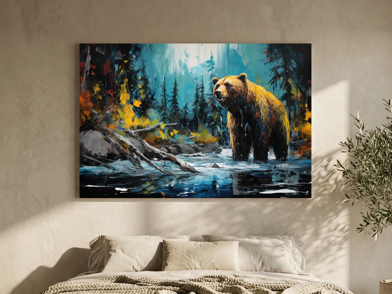 Grizzly Bear Forest River Painting - Vibrant Wildlife Nature Wall Art