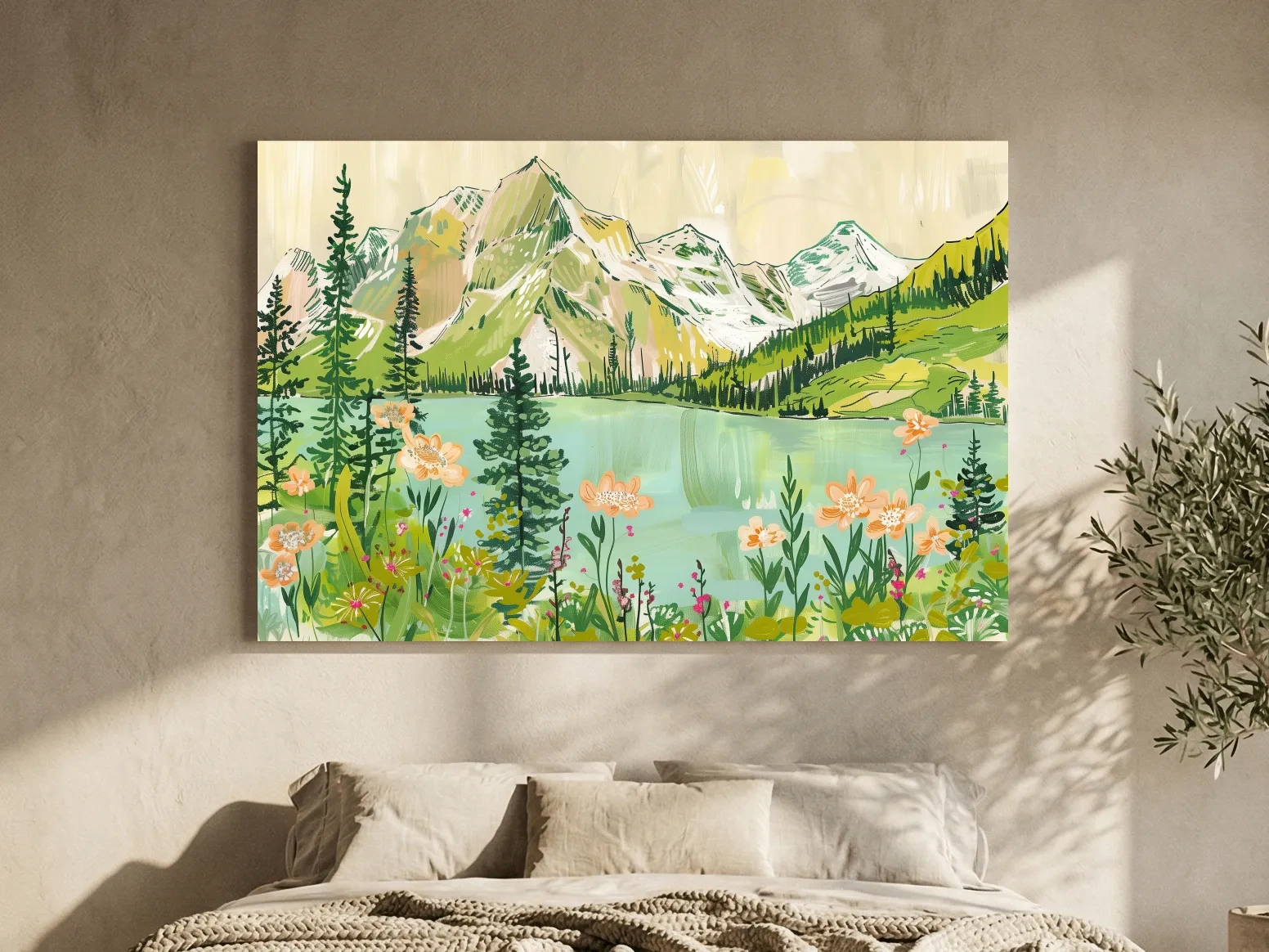 Whimsical Alpine Lake Wildflower Stylized Painting - Mountain Meadows Wall Art