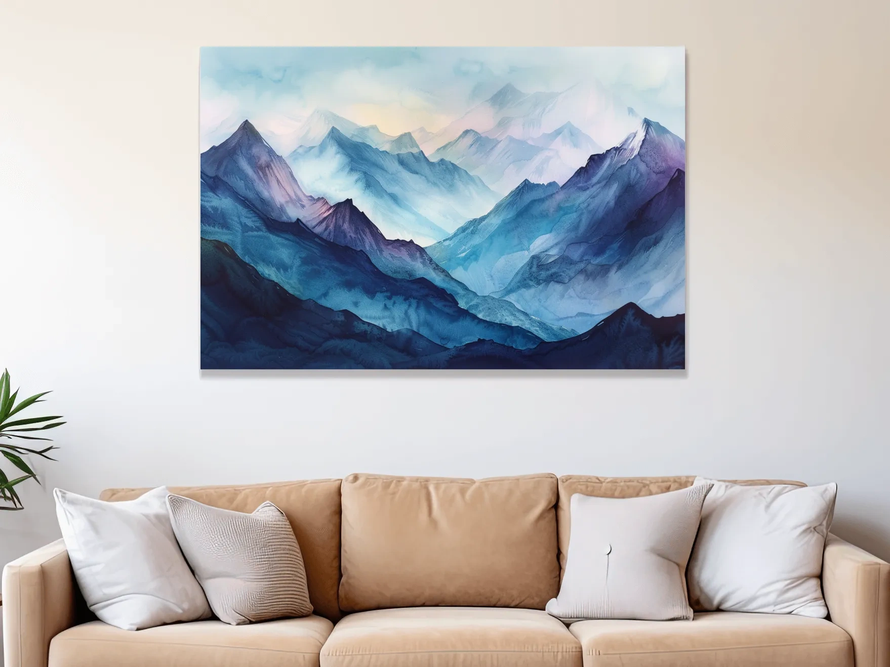 Misty Blue Watercolor Mountain Range Artwork - Serene Colourful Landscape Wall Art