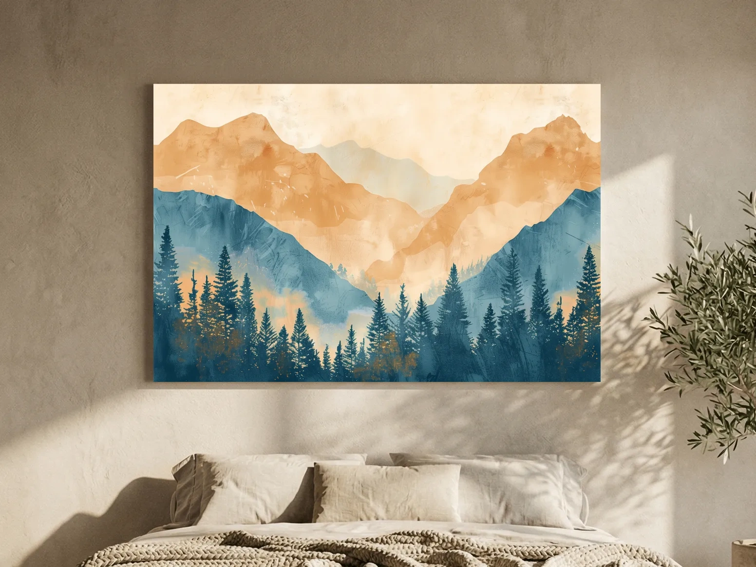 Watercolour painting, foggy treeline in the mountains, textured art style